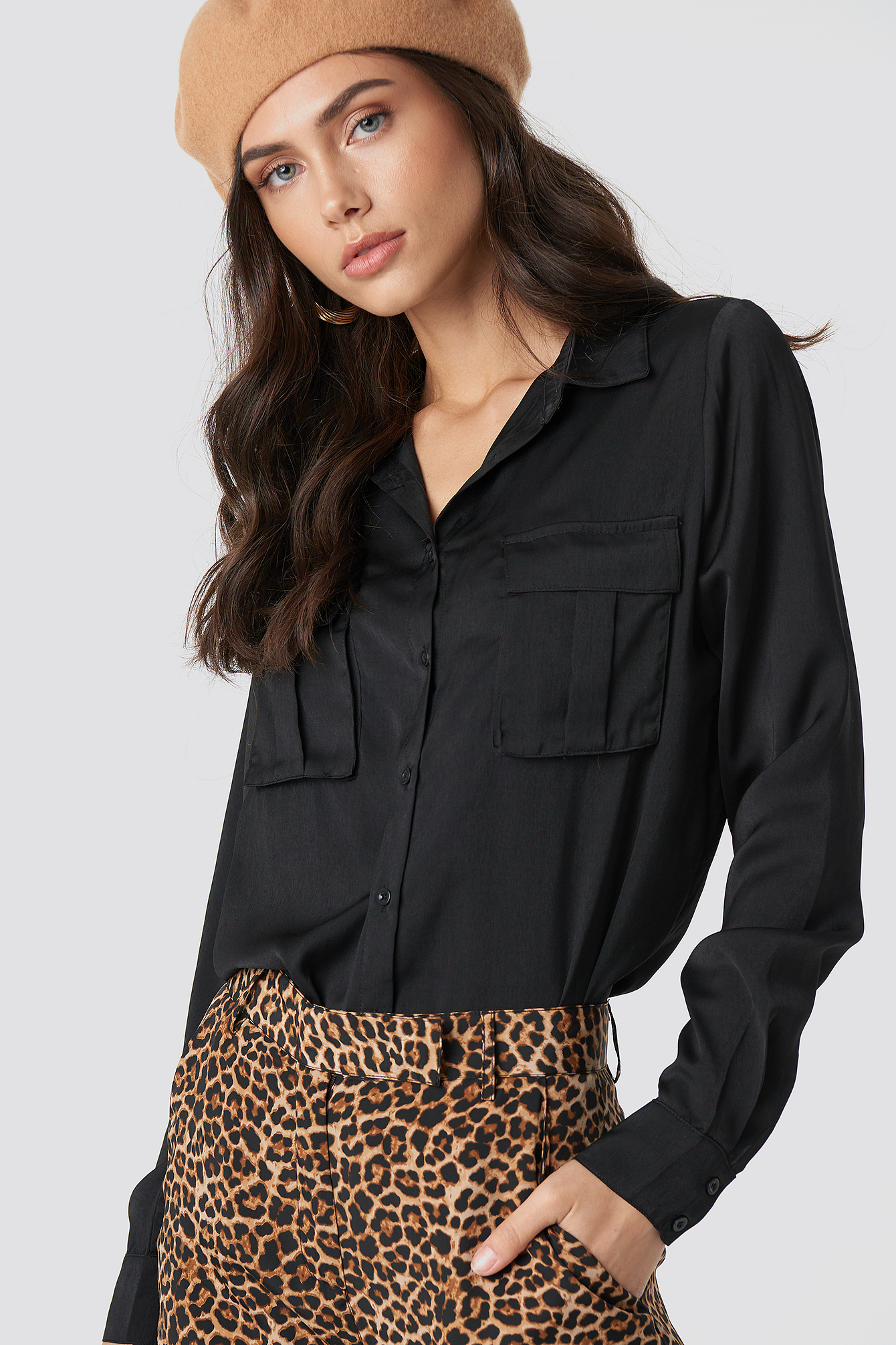 Chest Pocket Satin Shirt Black