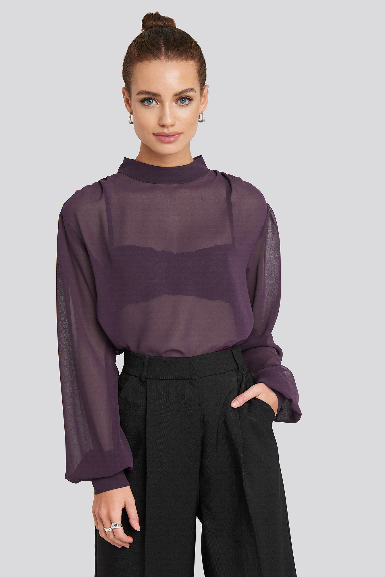 High Neck Balloon Sleeve Chiffon Blouse Purple