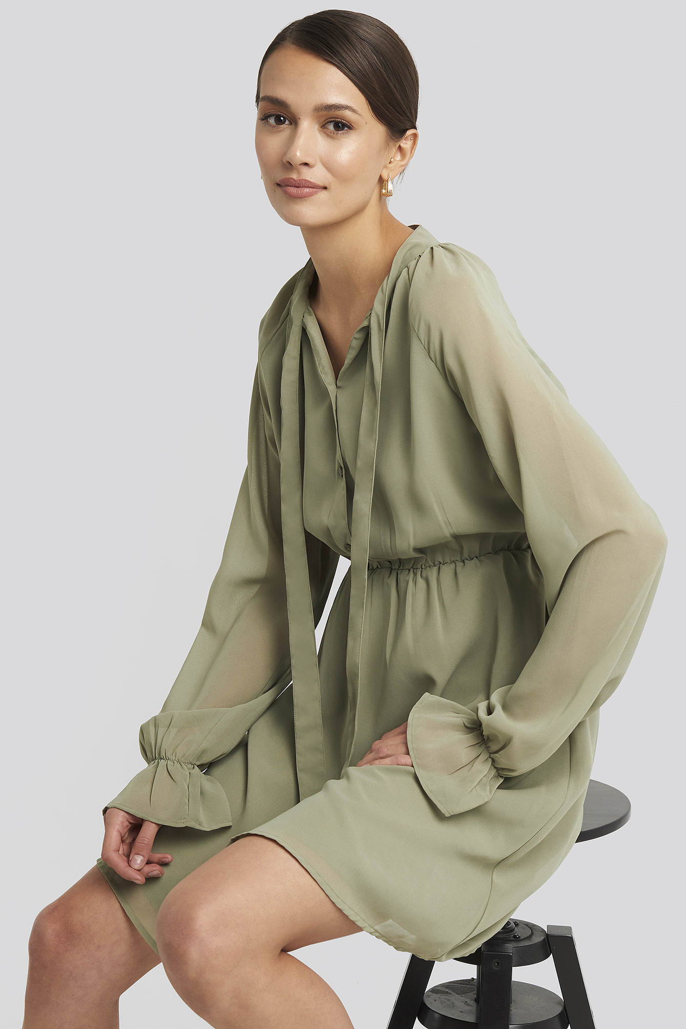 Chiffon buttoned Dress Khaki