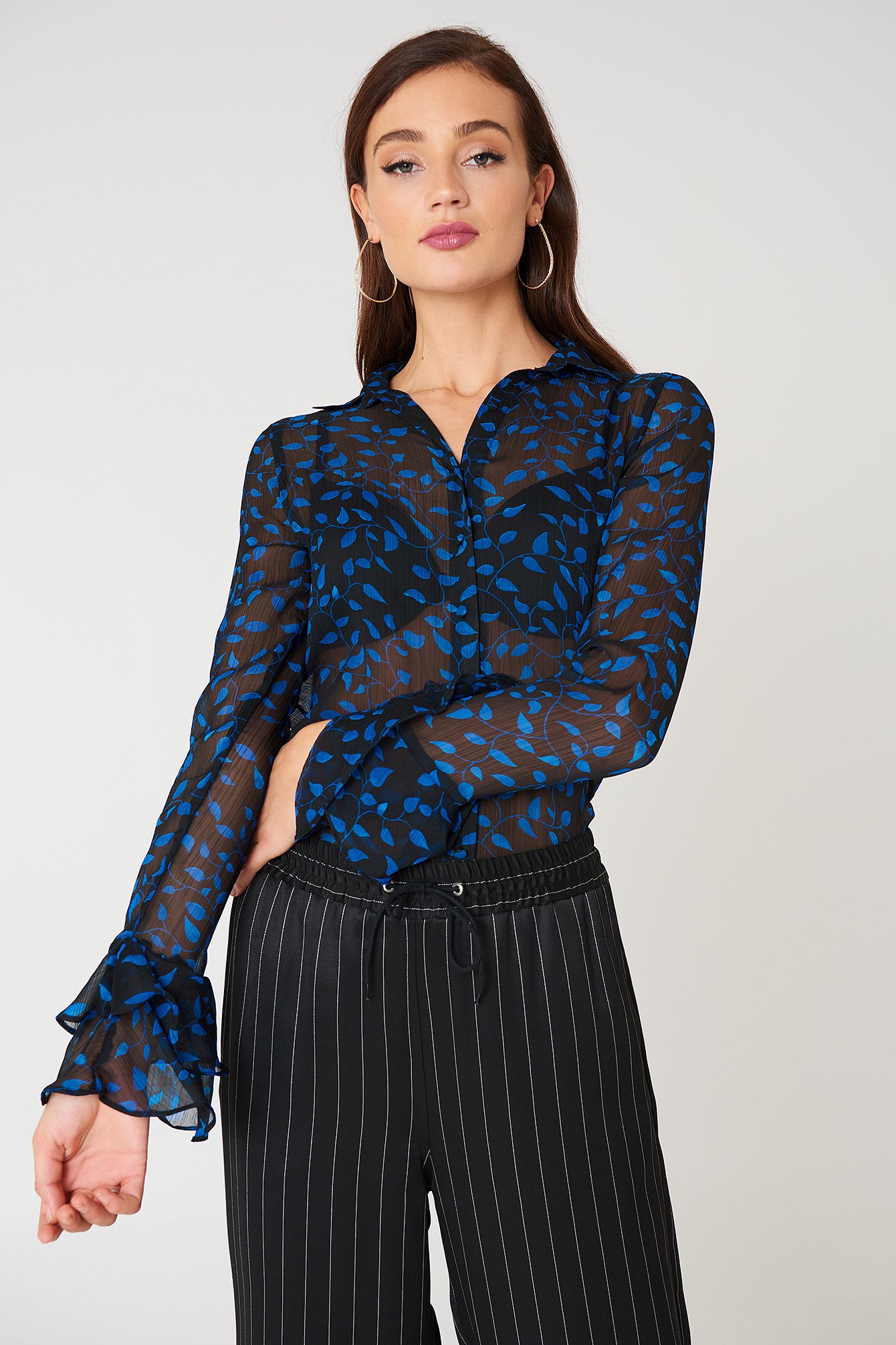 Black/Blue Pattern NA-KD Boho Chiffon Frill Sleeve Shirt