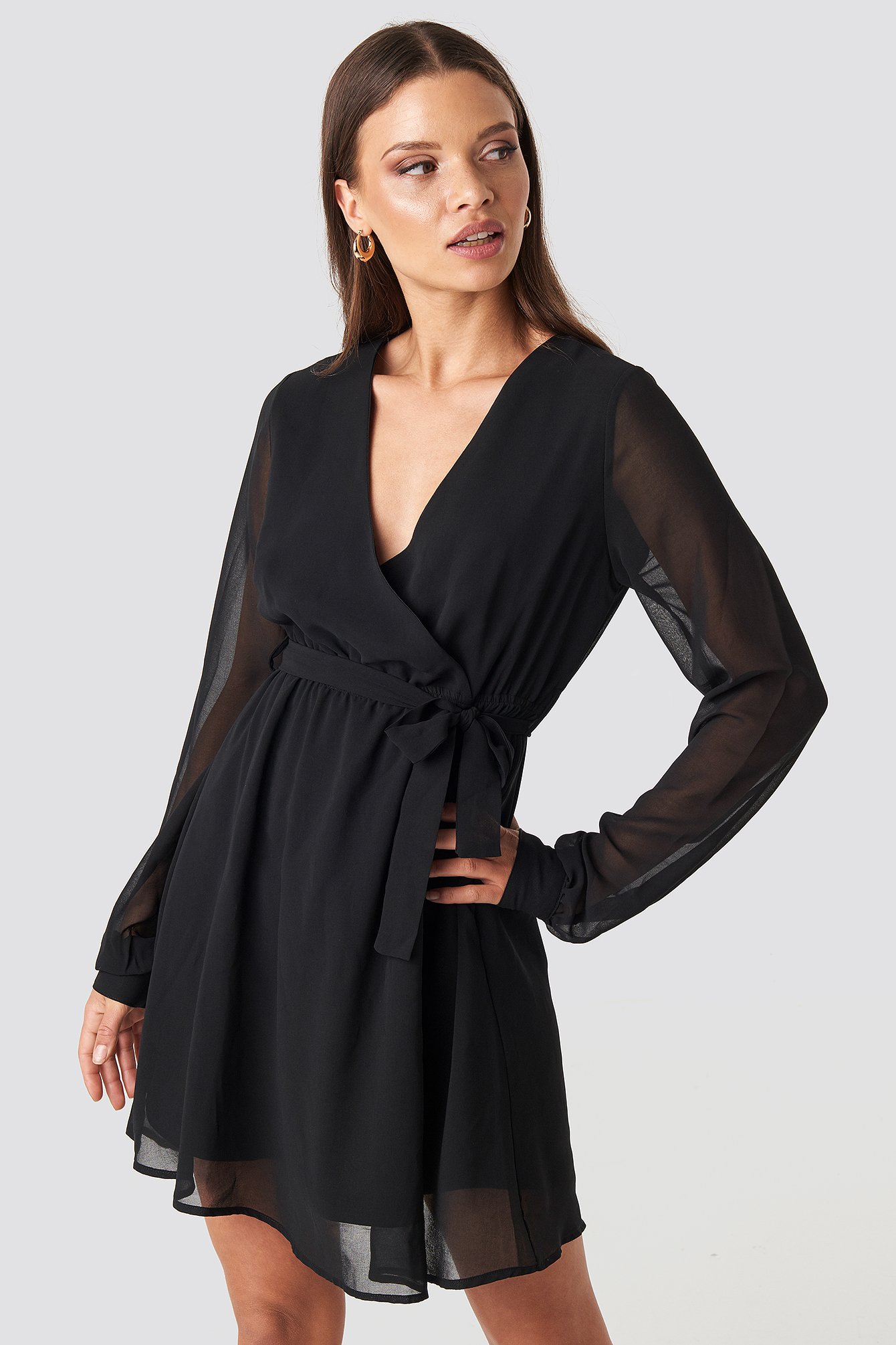 Chiffon Wrap Mini Dress Deep Black