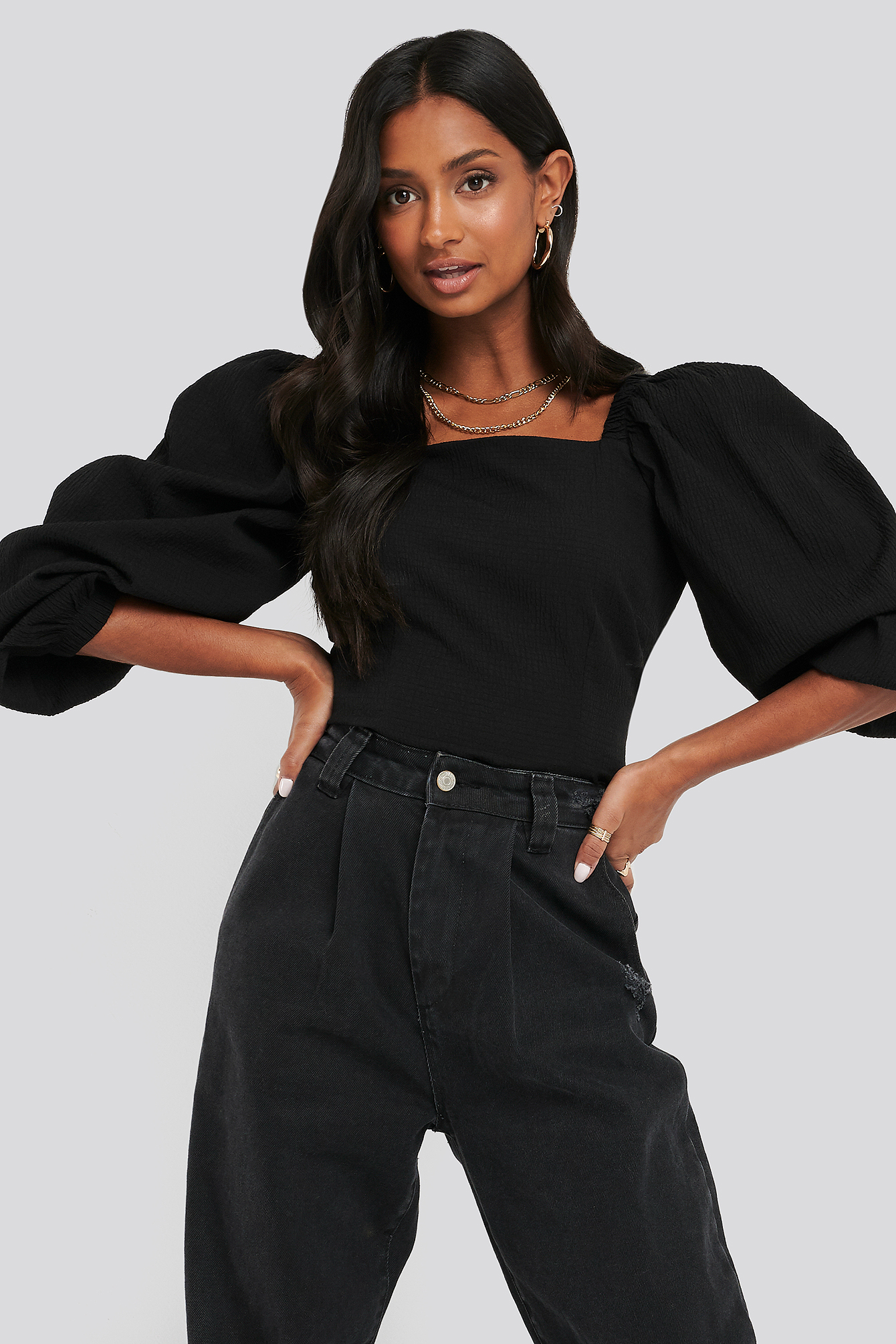 Cinched Waist Puff Sleeve Blouse Black