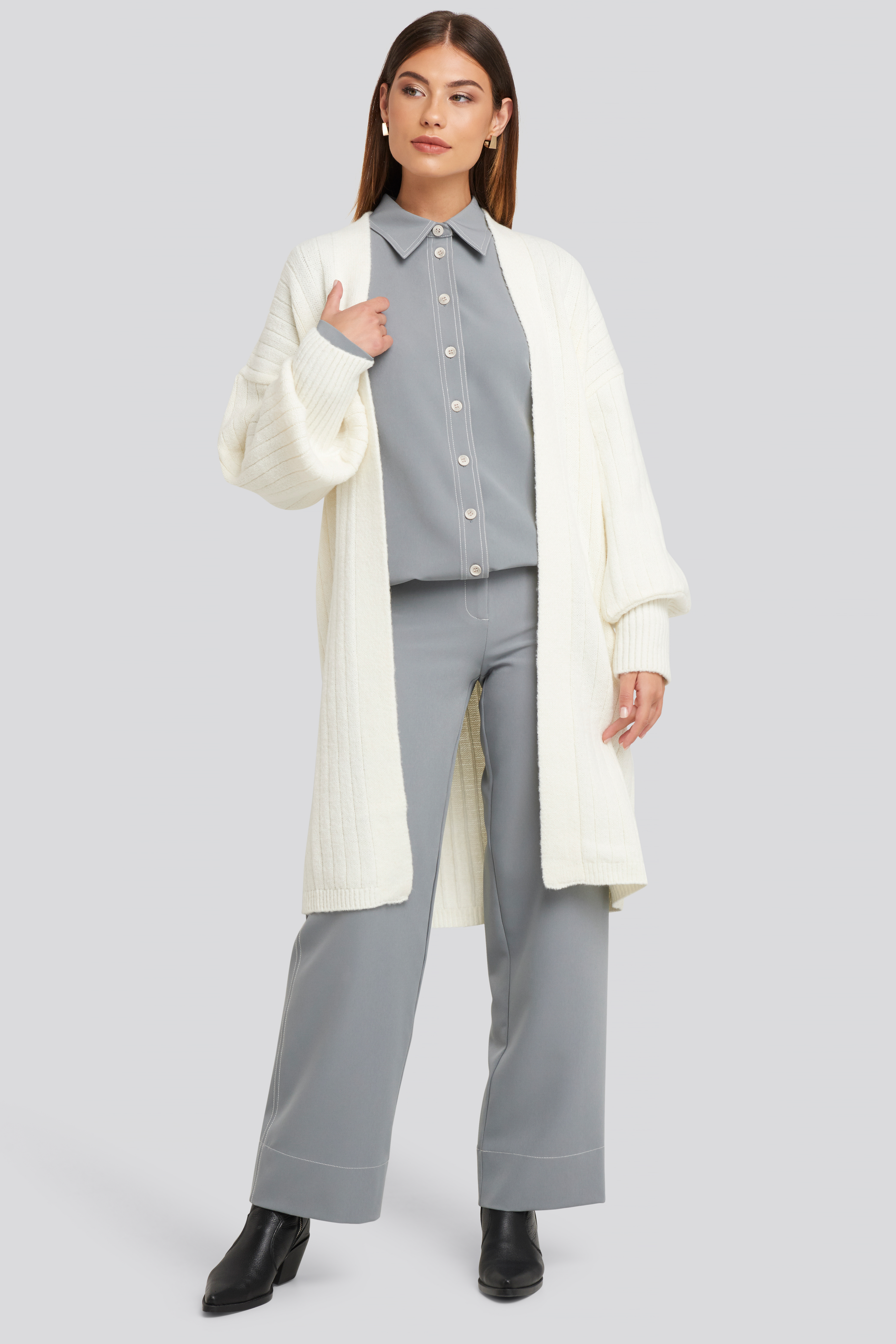 Chunky Balloon Sleeve Wool Blend Cardigan Off White
