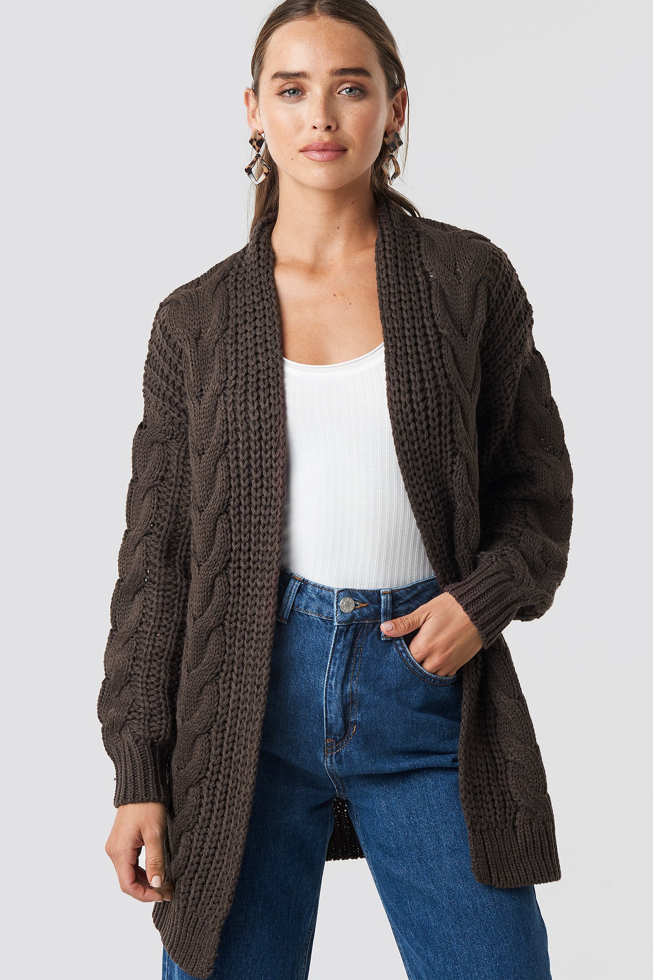 Chunky Cable Knit Long Cardigan Brown