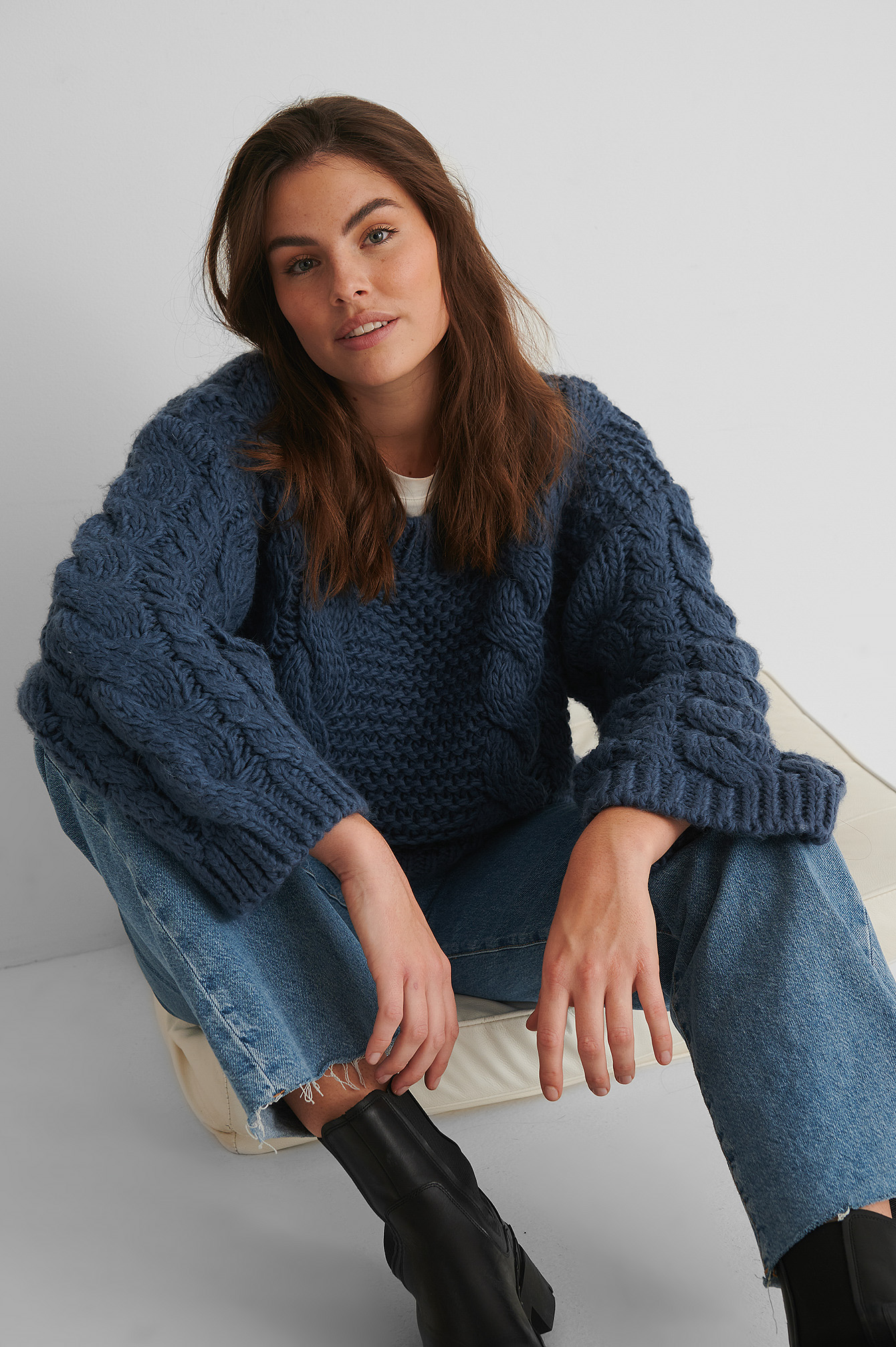 Chunky Cable Knitted Sweater Blue | na 