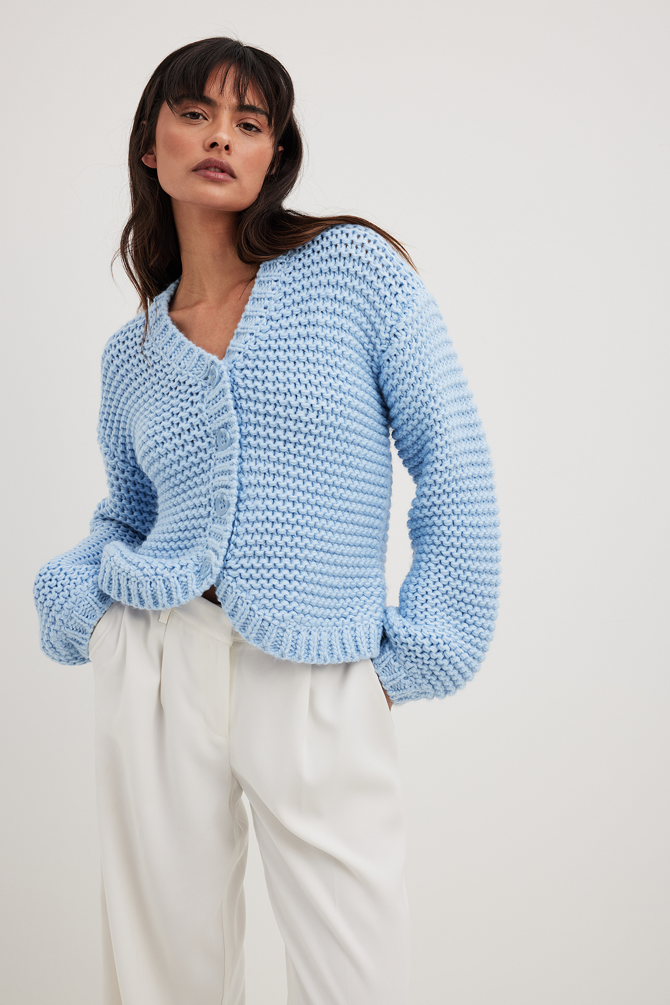 light blue chunky knit cardigan