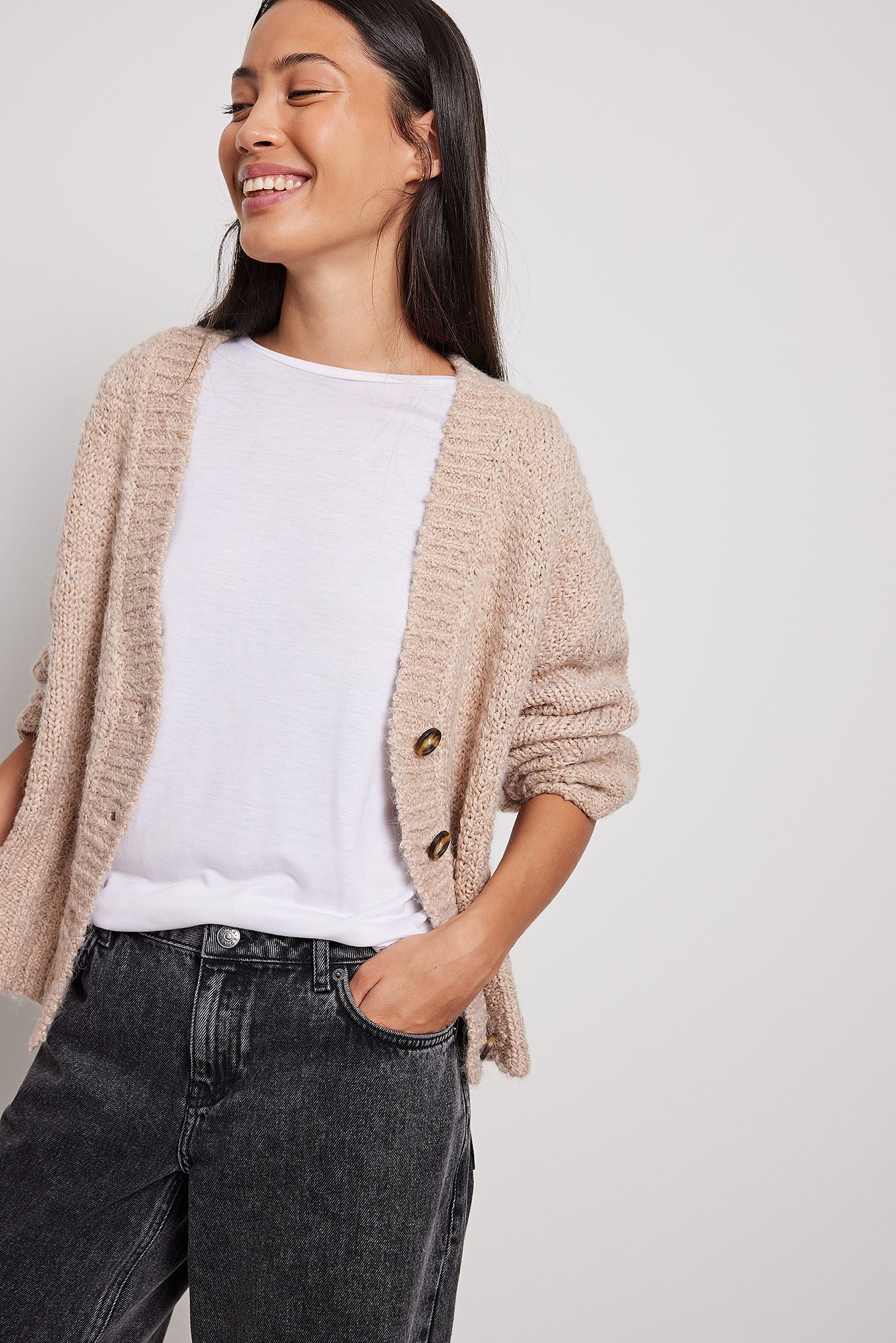 Beige Chunky Knitted Cropped Cardigan