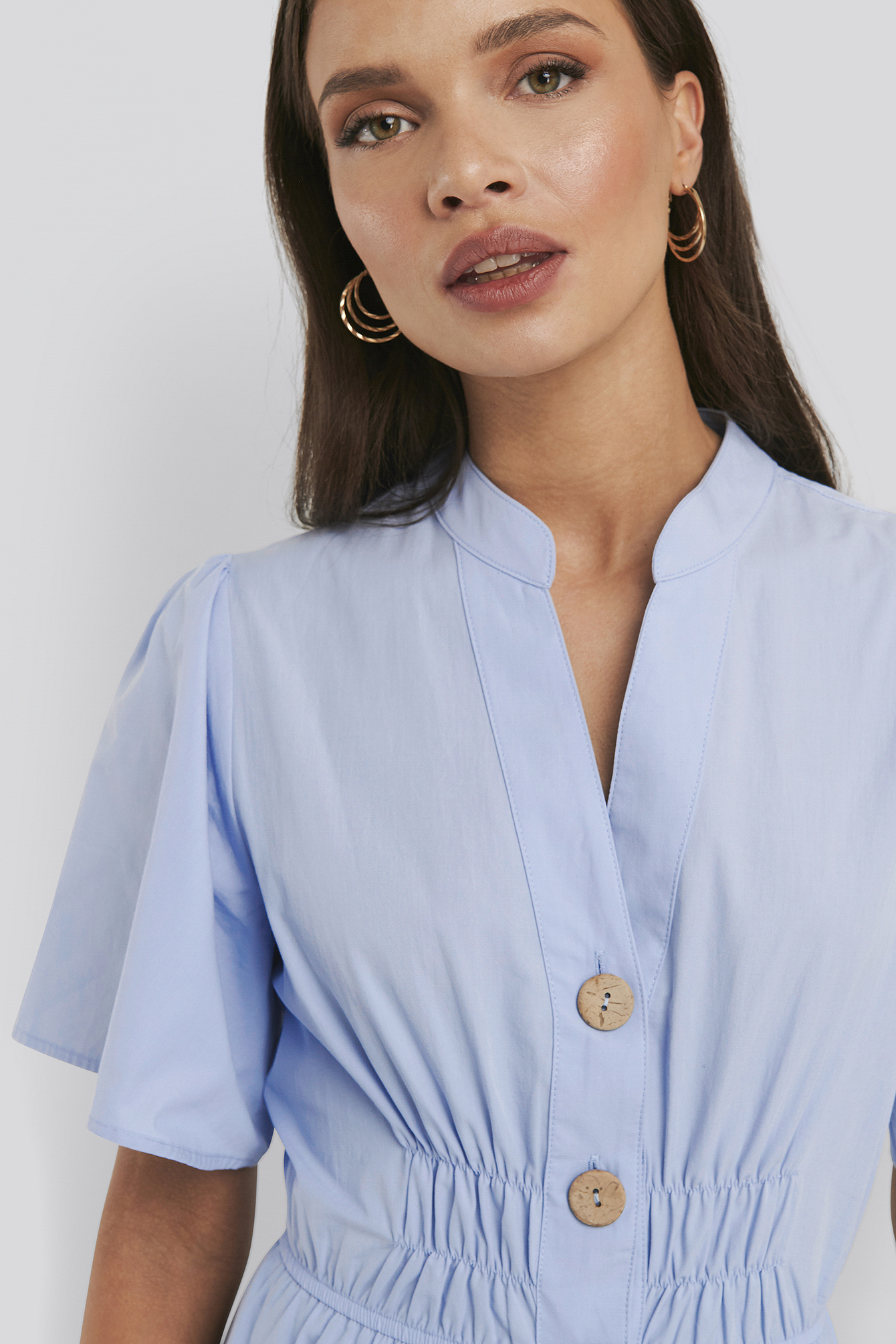 Cinched Waist Maxi Shirt Dress Blue
