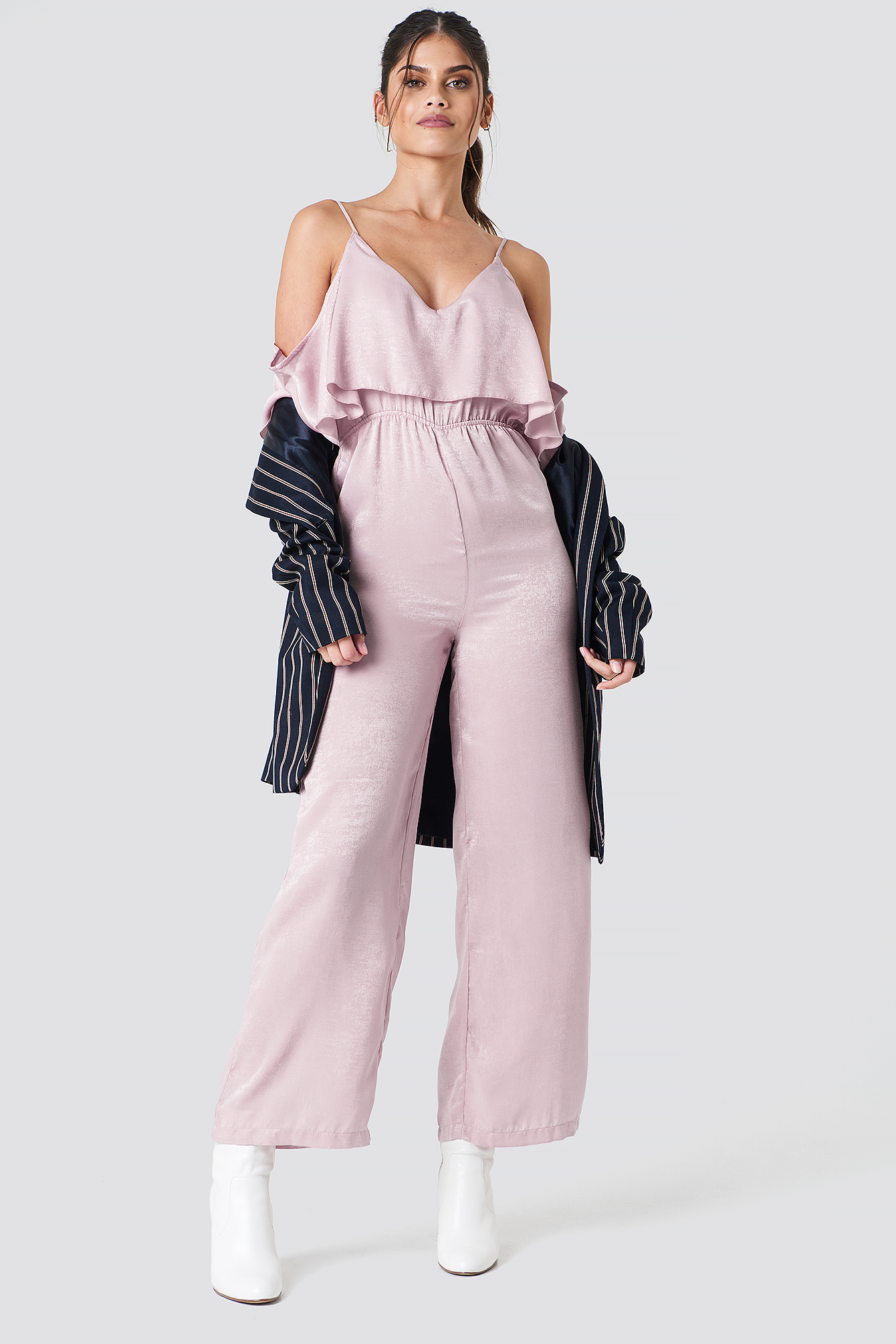 Cold Shoulder Flounce Jumpsuit Light Dusty Pink