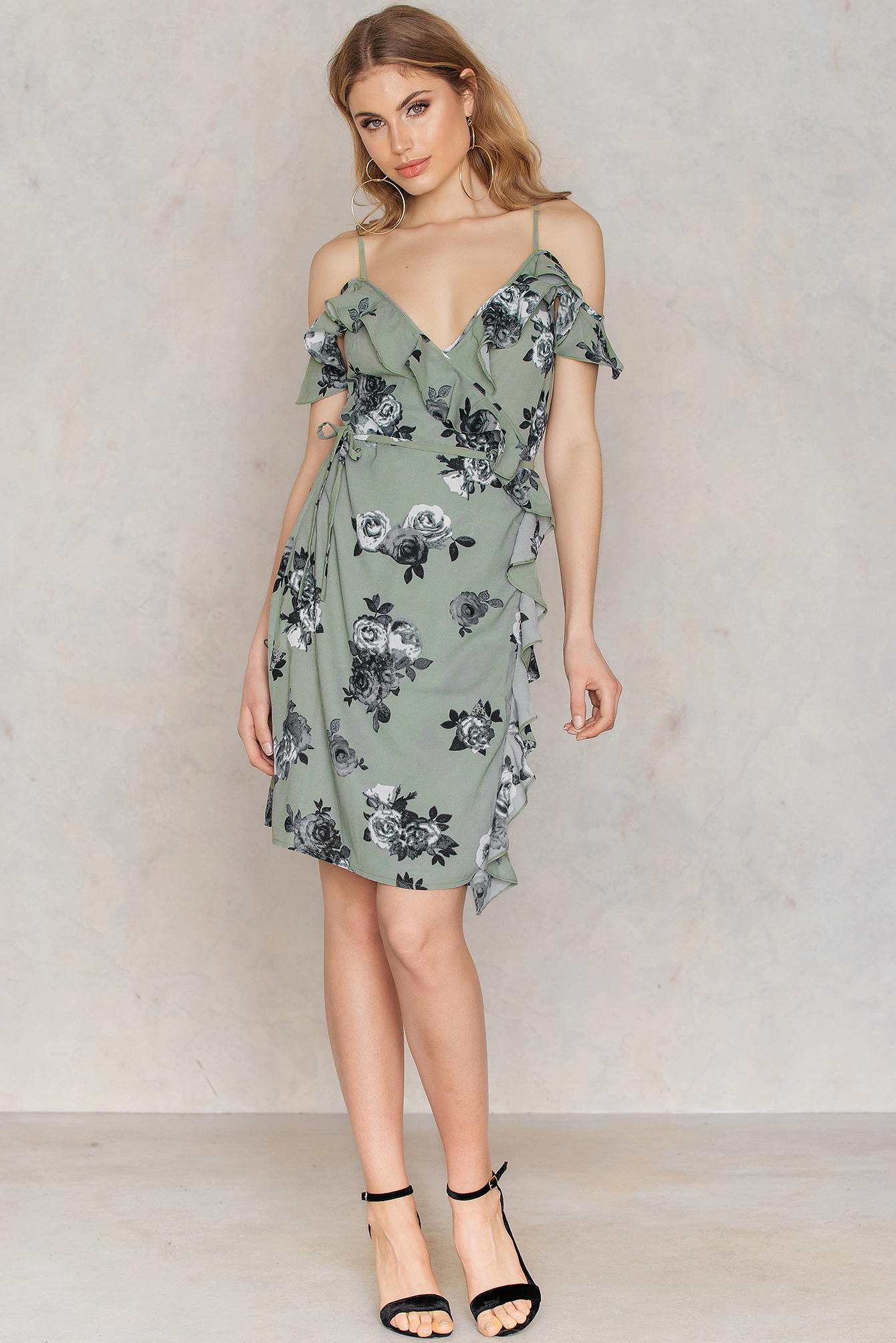 Cold Shoulder Flower Printed Overlap Dress Green Print