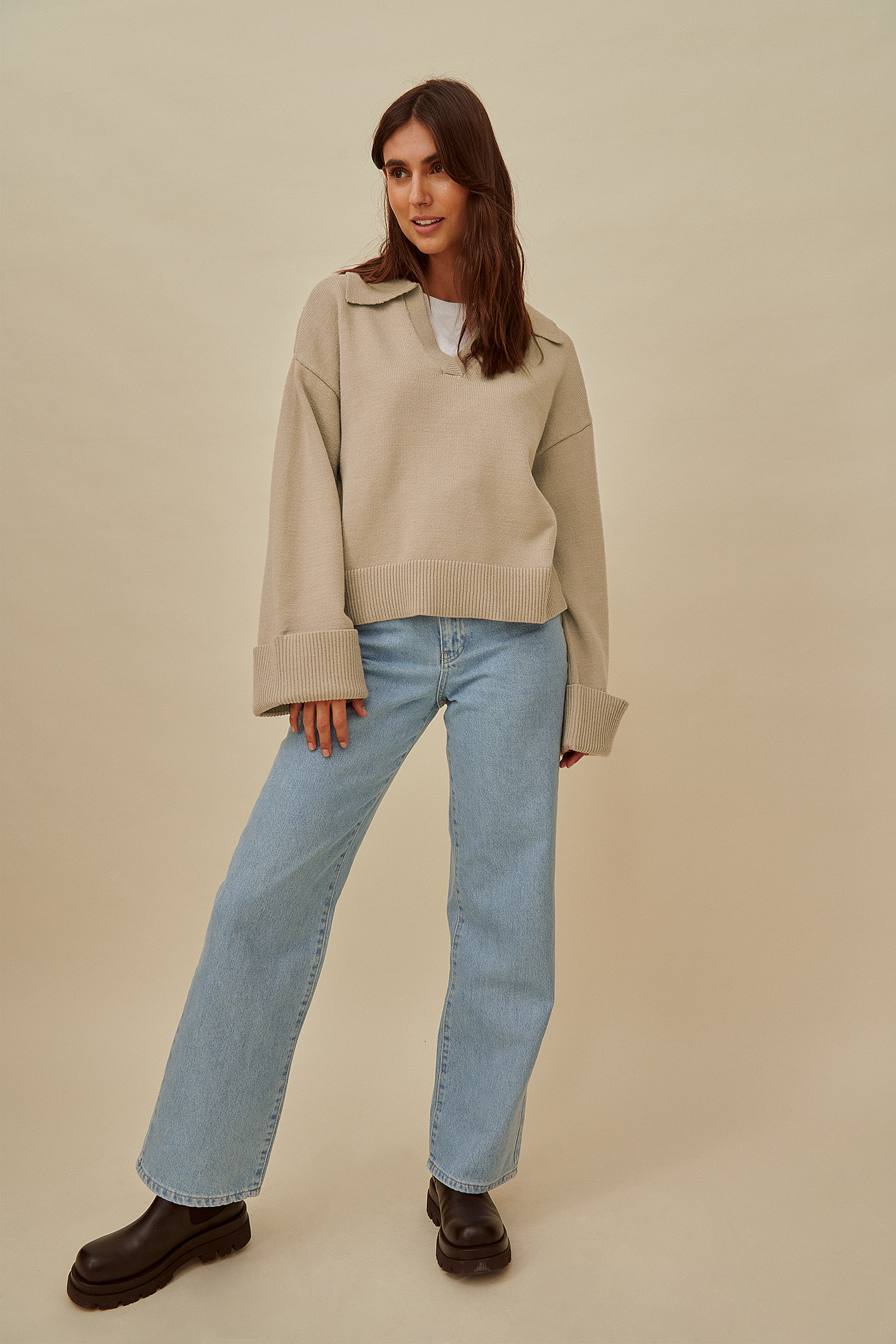 Collar Detail Knitted Sweater Brown
