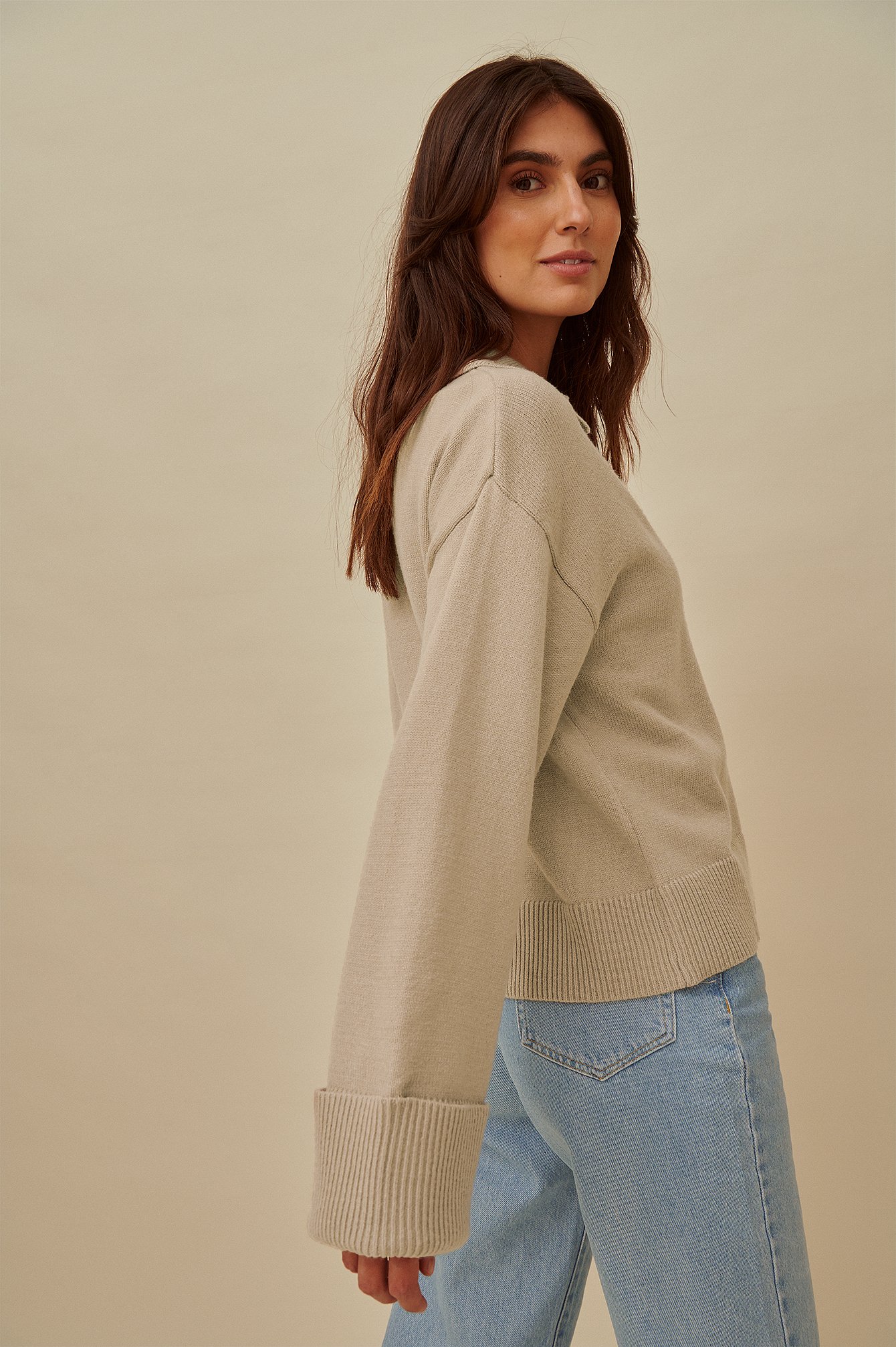 Taupe Collar Detail Knitted Sweater