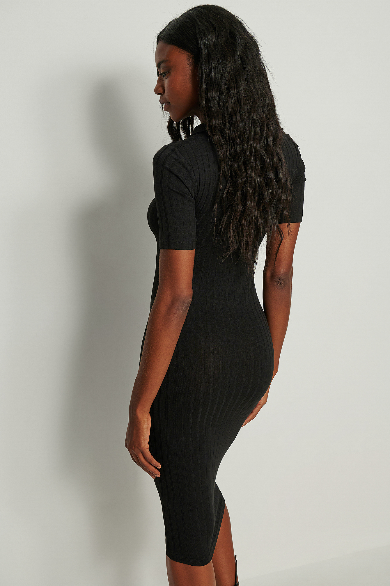 Collar Detail Ribbed Midi Dress Black 