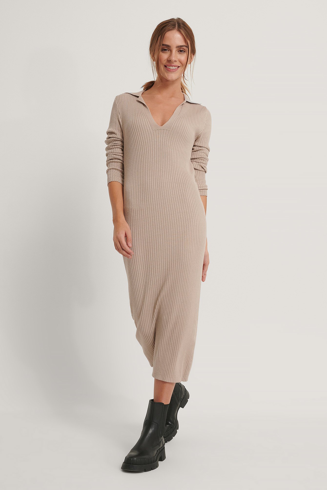 Beige NA-KD Trend Collar Knitted Midi Dress