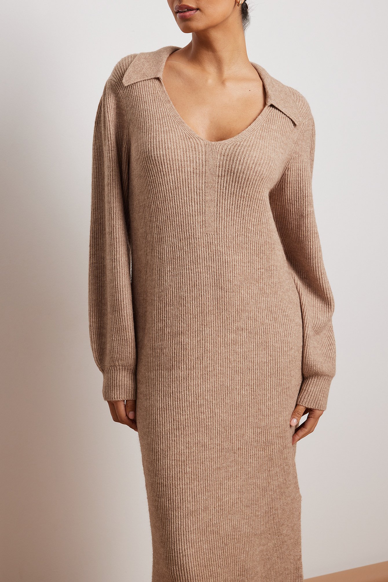 Collar Long Knitted Dress Beige | NA-KD