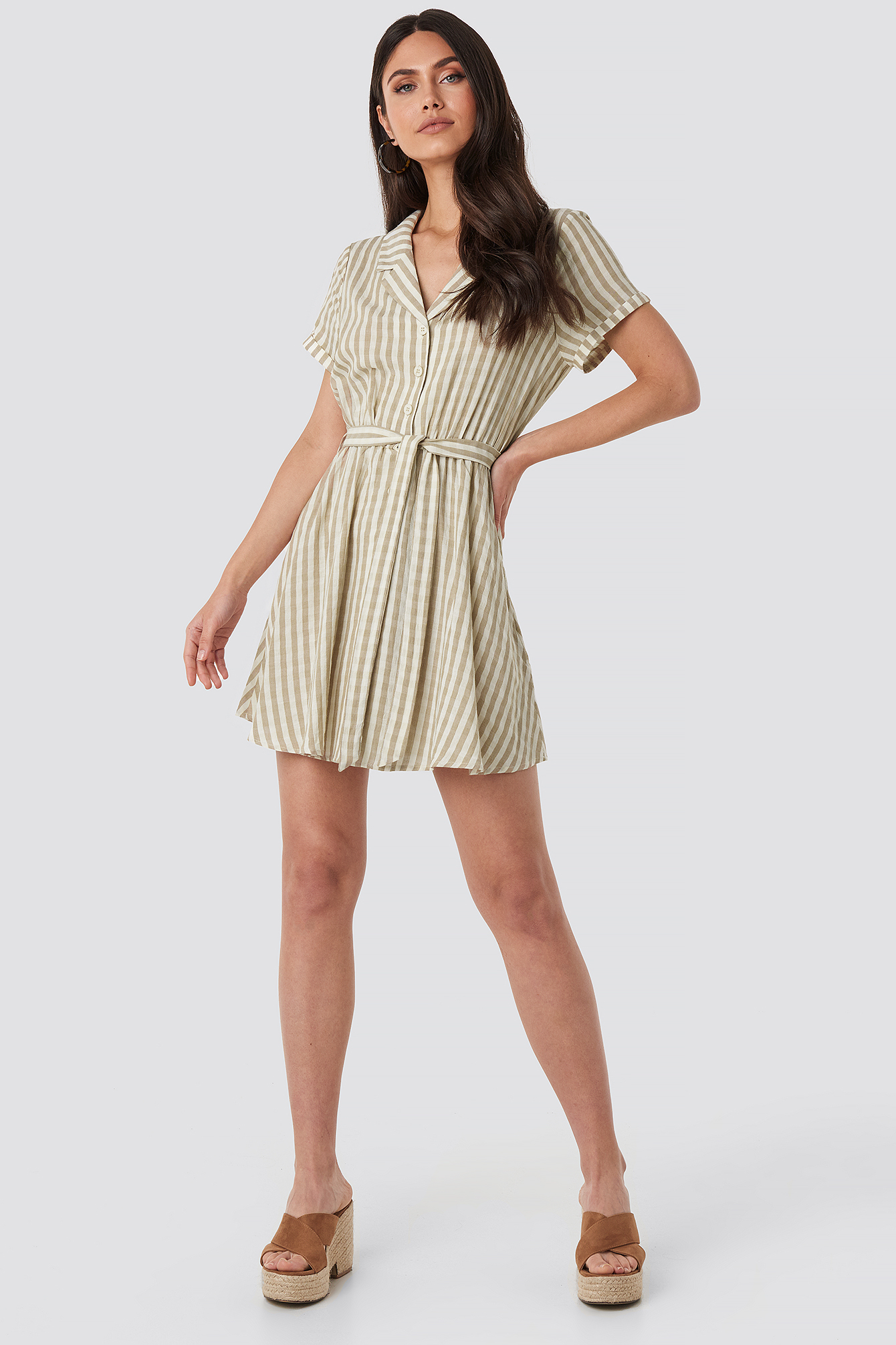 Collar Stripe Shirt Dress Beige/White Stripe