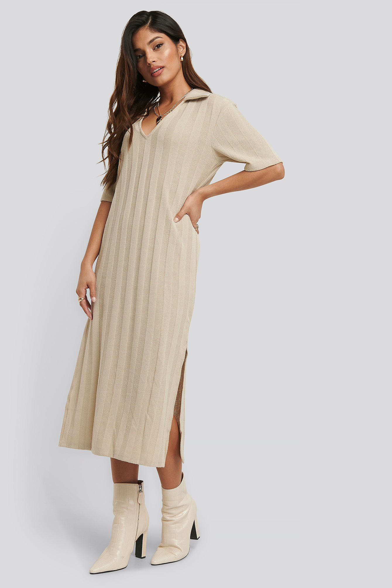 Collar V Front Knitted Dress Beige