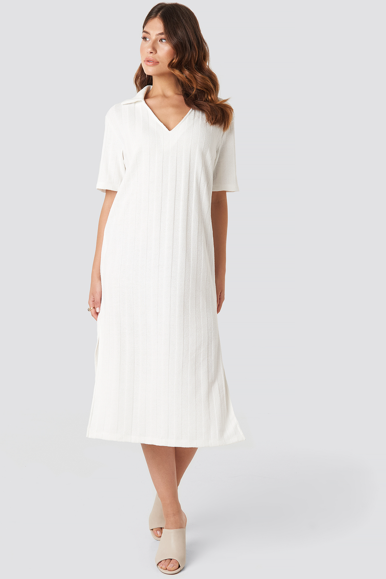 Collar V Front Knitted Dress Offwhite