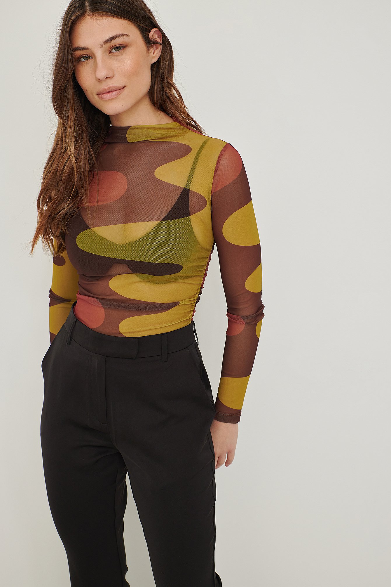 Brown combo Color Block High Neck Top