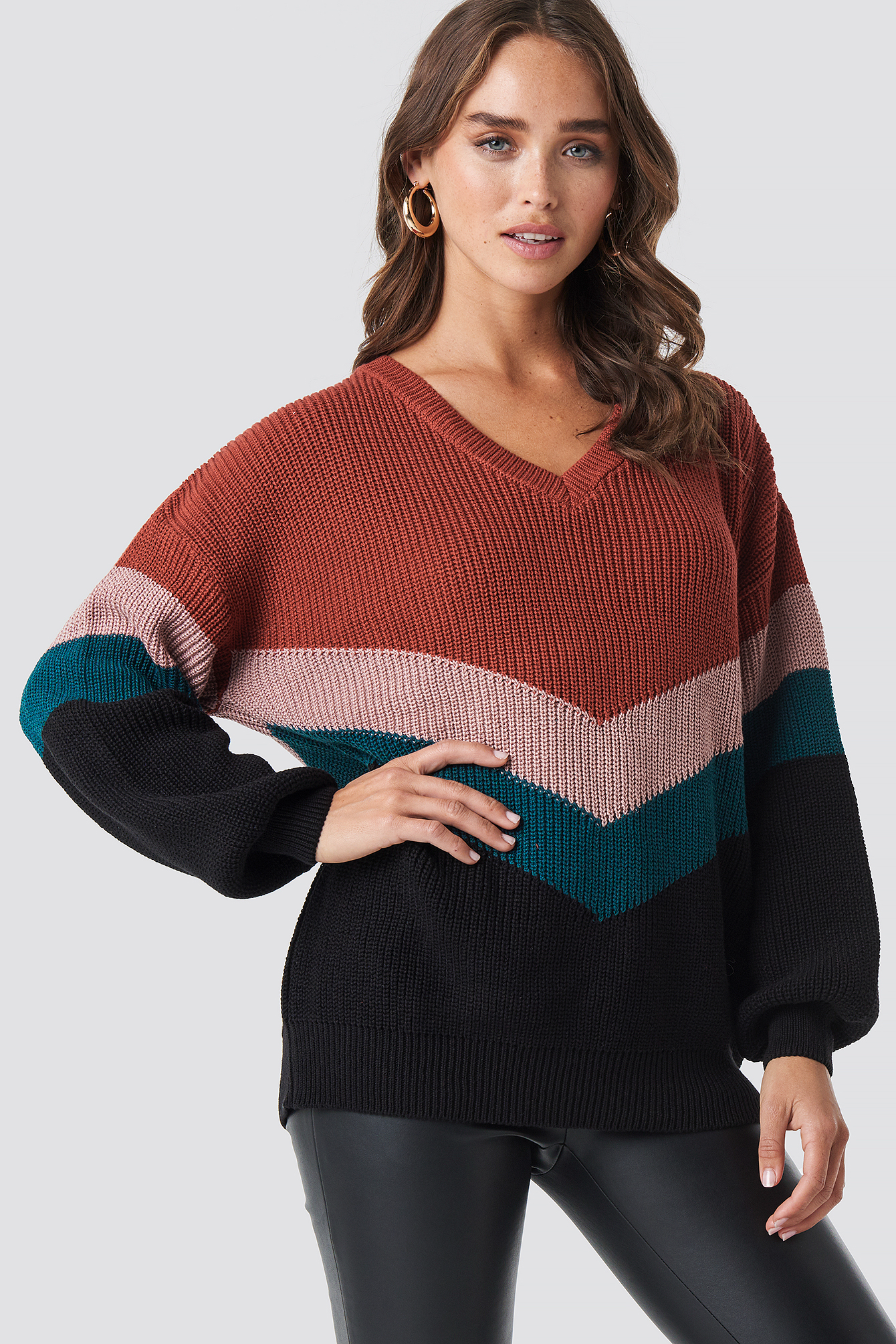 NA-KD Trend Color Blocked Balloon Sleeve Knitted Sweater - Red