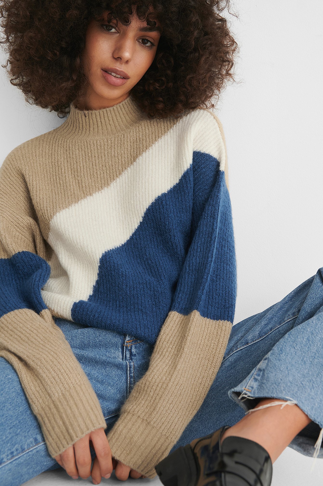 Beige/Blue Color Blocked High Neck Knitted Sweater