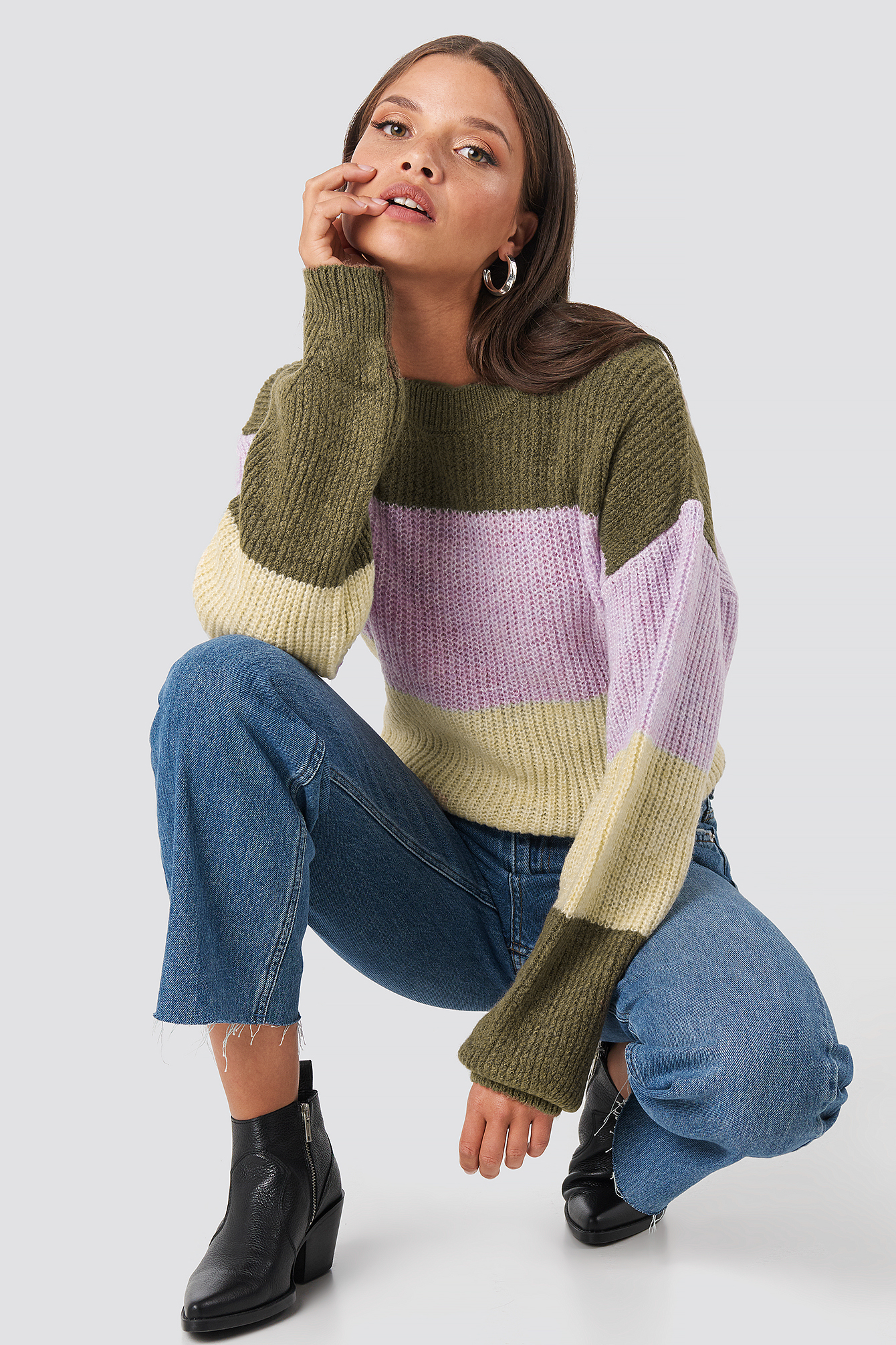 Color Striped Balloon Sleeve Knitted Sweater Brown