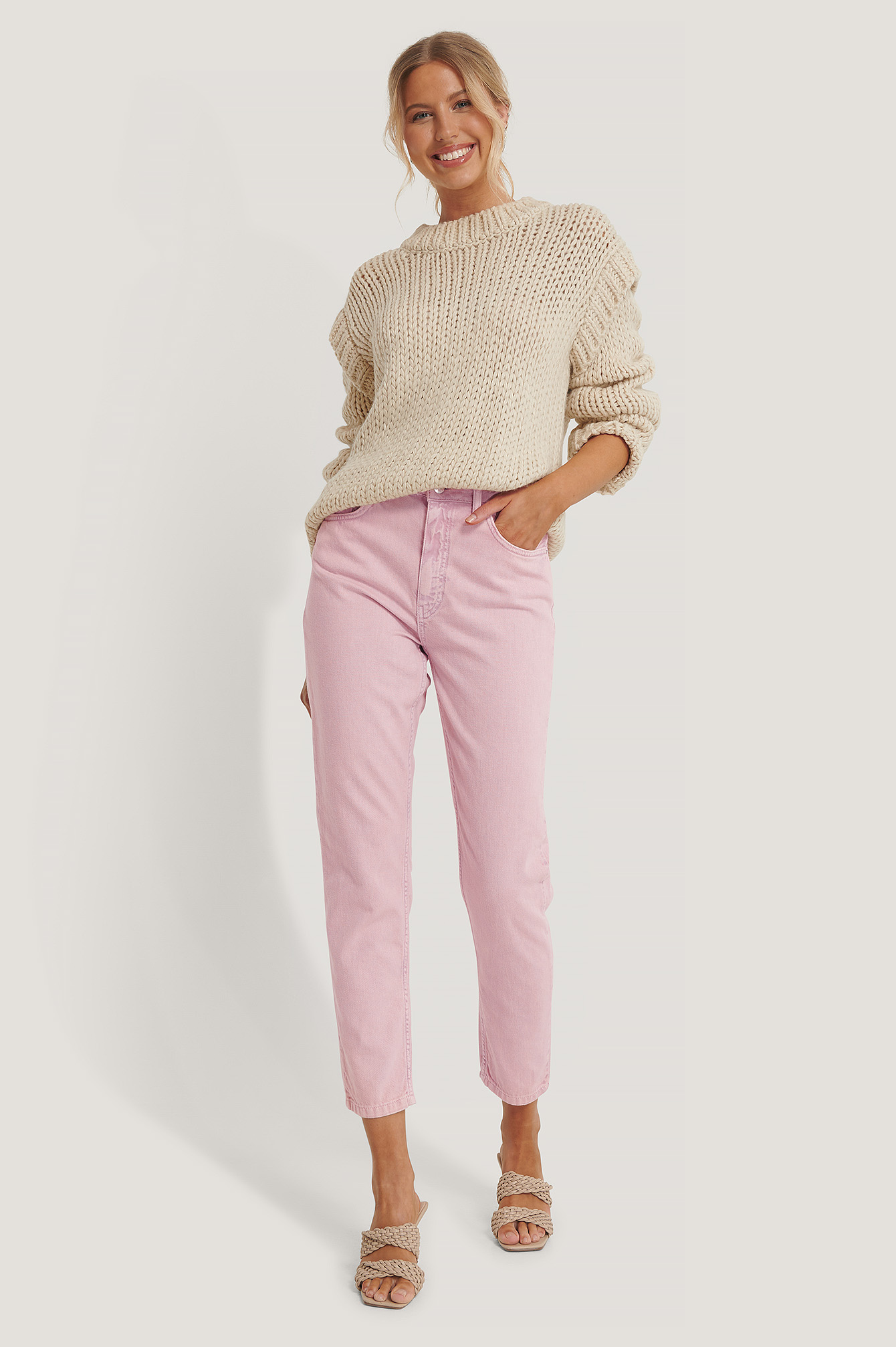 Pink Colored Denim Mom Jeans