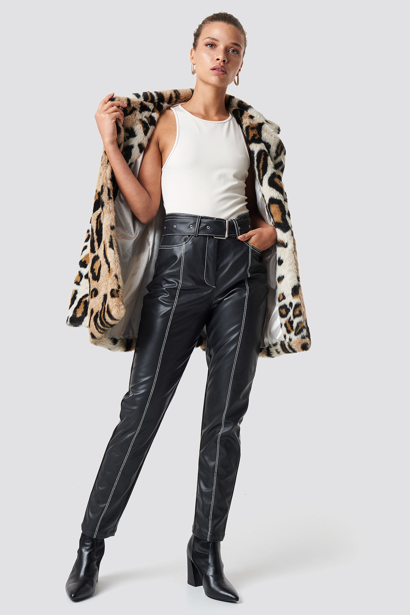 Contrast Seam Belted PU Pants Black