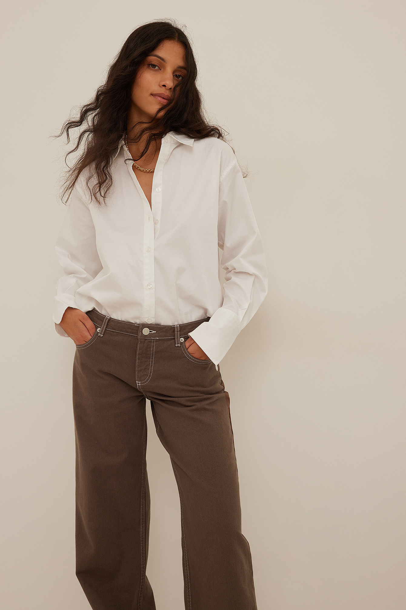 Contrast Seam Low Waist Jeans Brown 