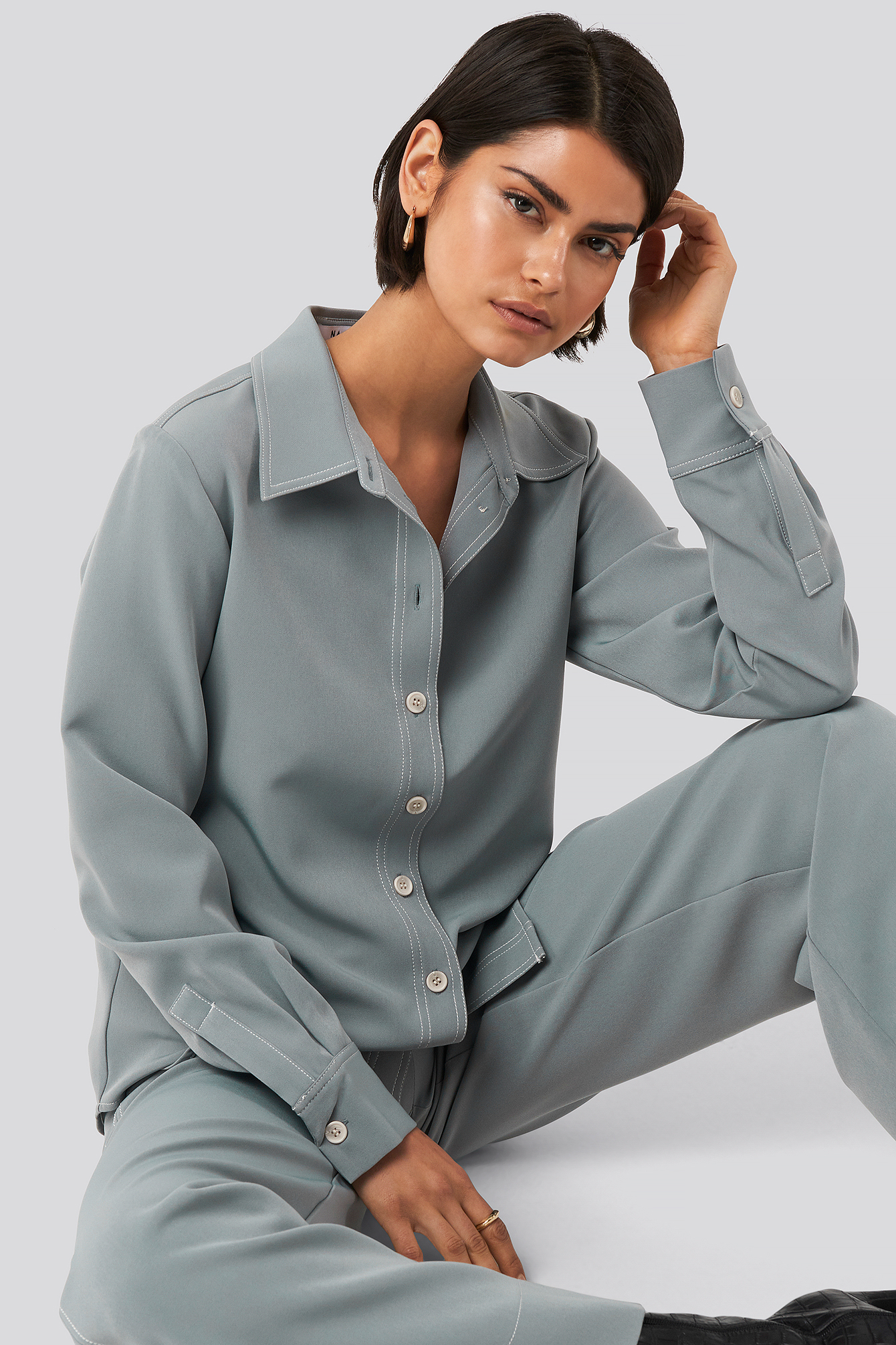 Contrast Seam Overshirt Dusty Blue