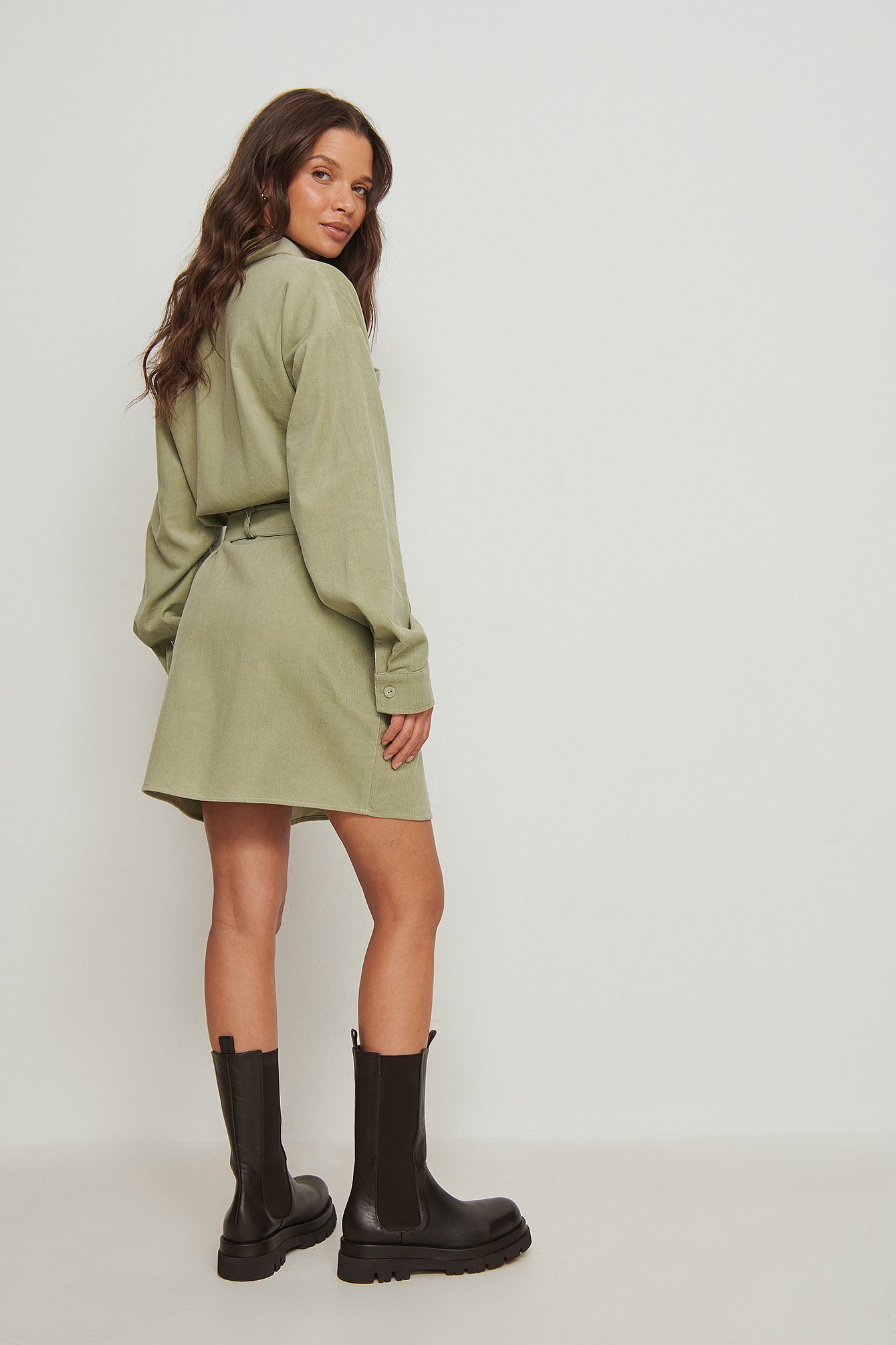 Green Corduroy Oversized Belted Dress