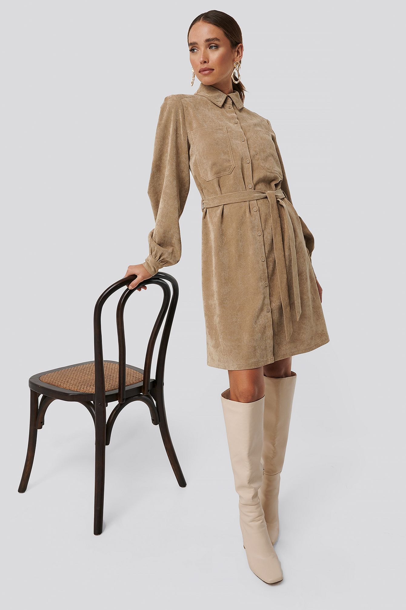 Corduroy Tied Waist Shirt Dress Beige
