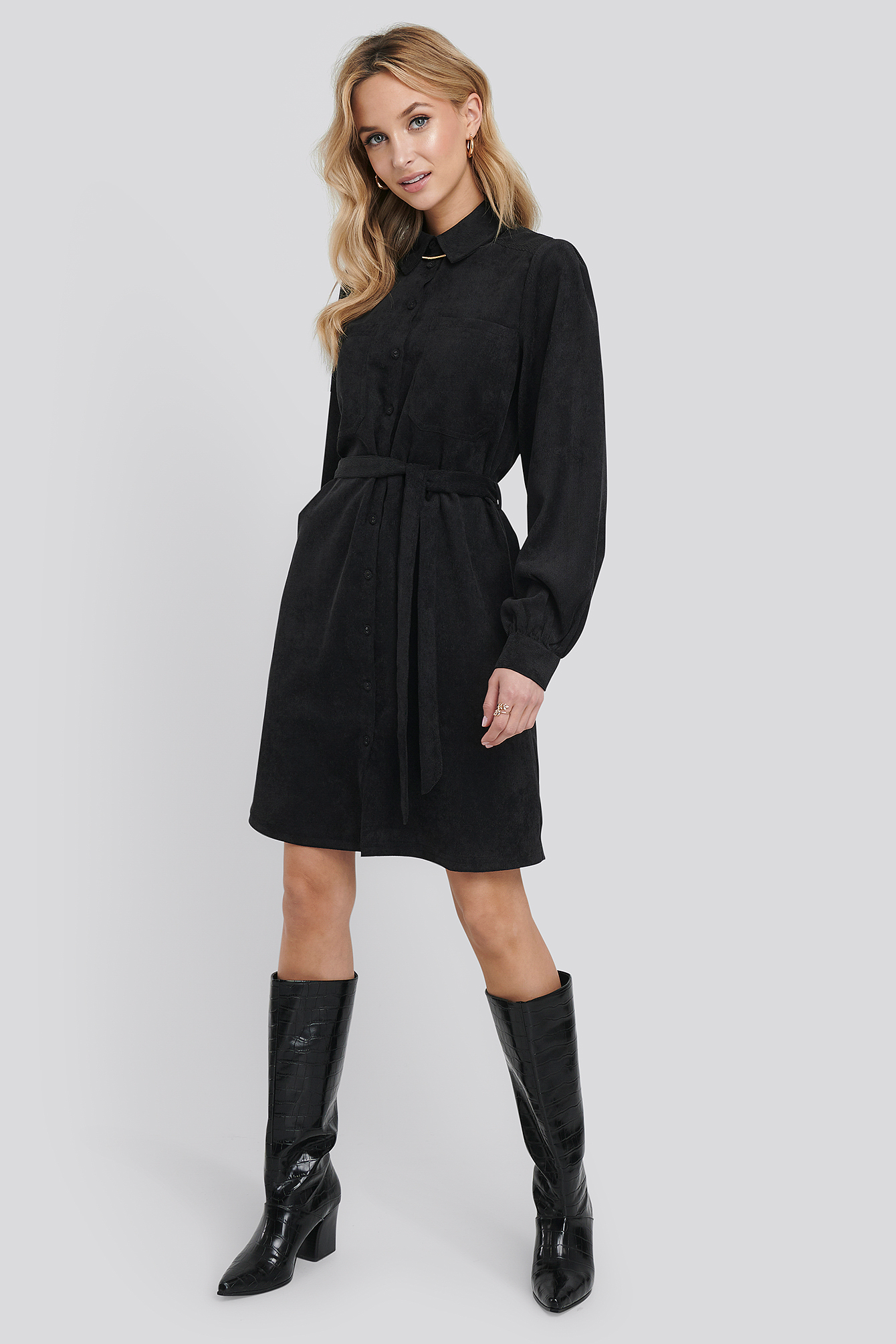Corduroy Tied Waist Shirt Dress Black