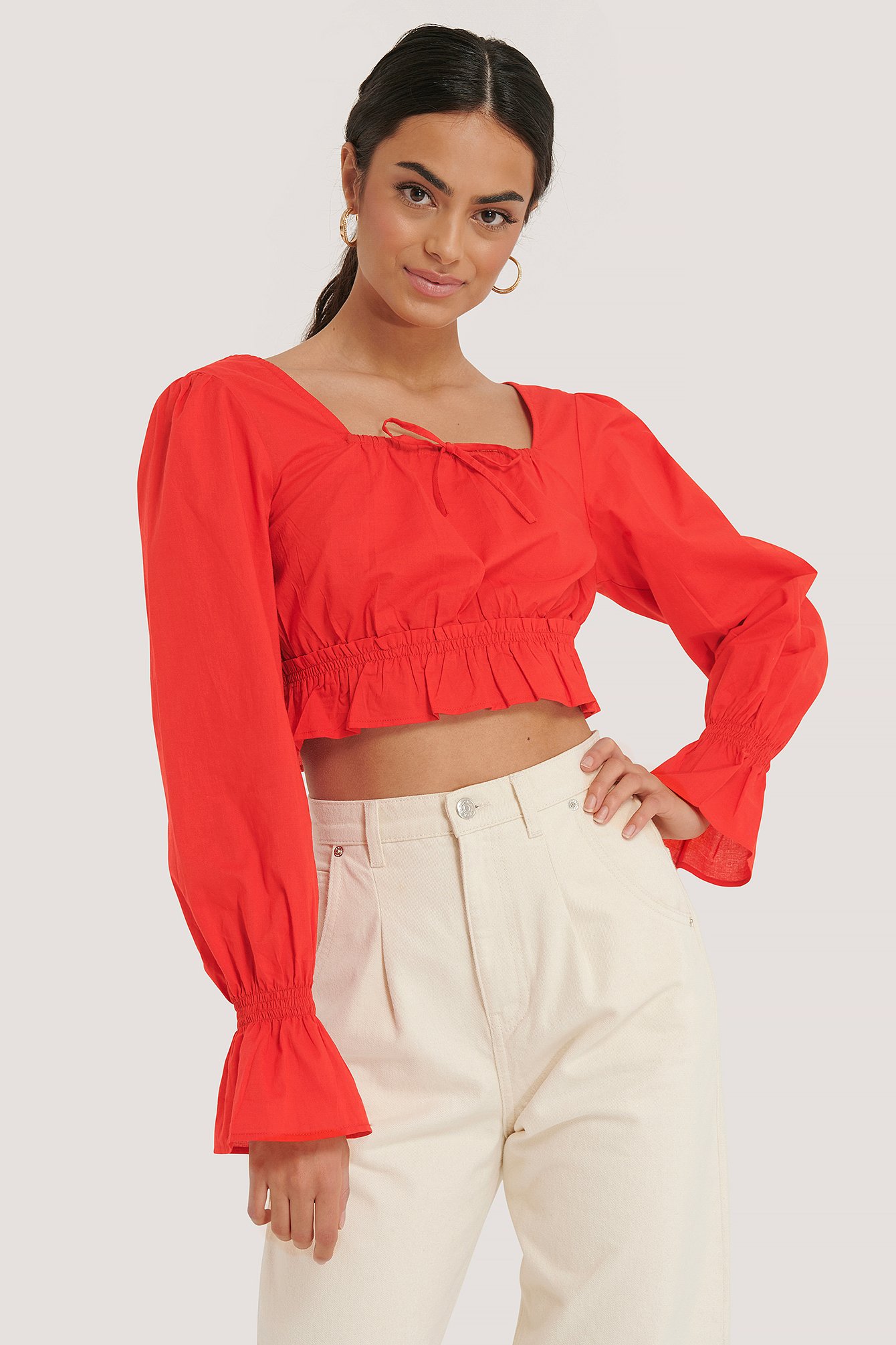 Red Cotton Square Neck Bow Blouse
