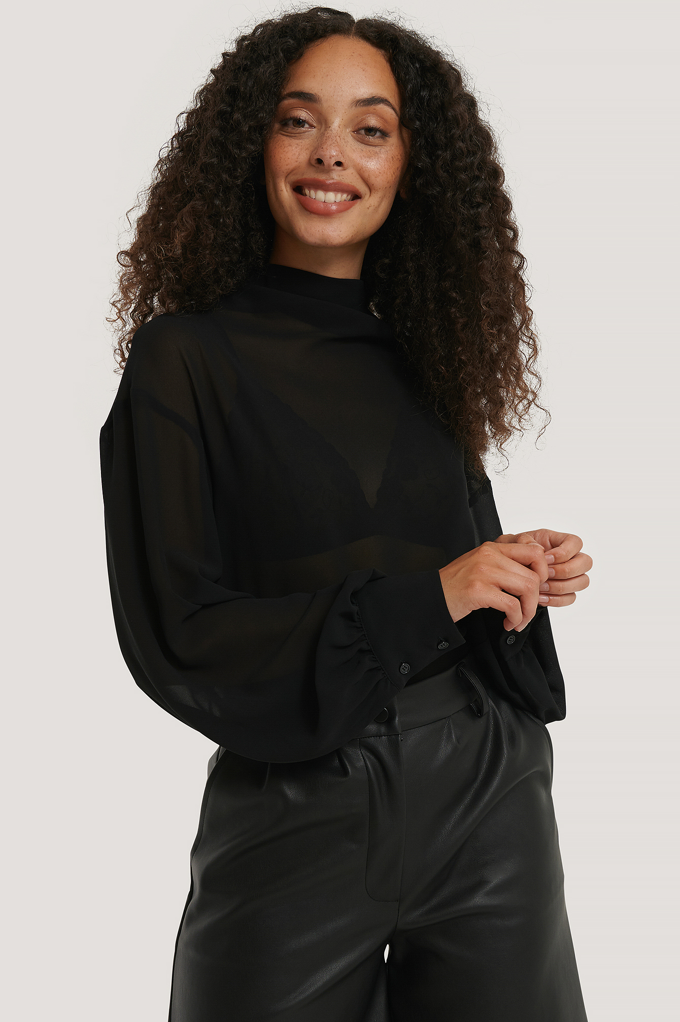 Recycled Cowl Neck Sheer Blouse Black 