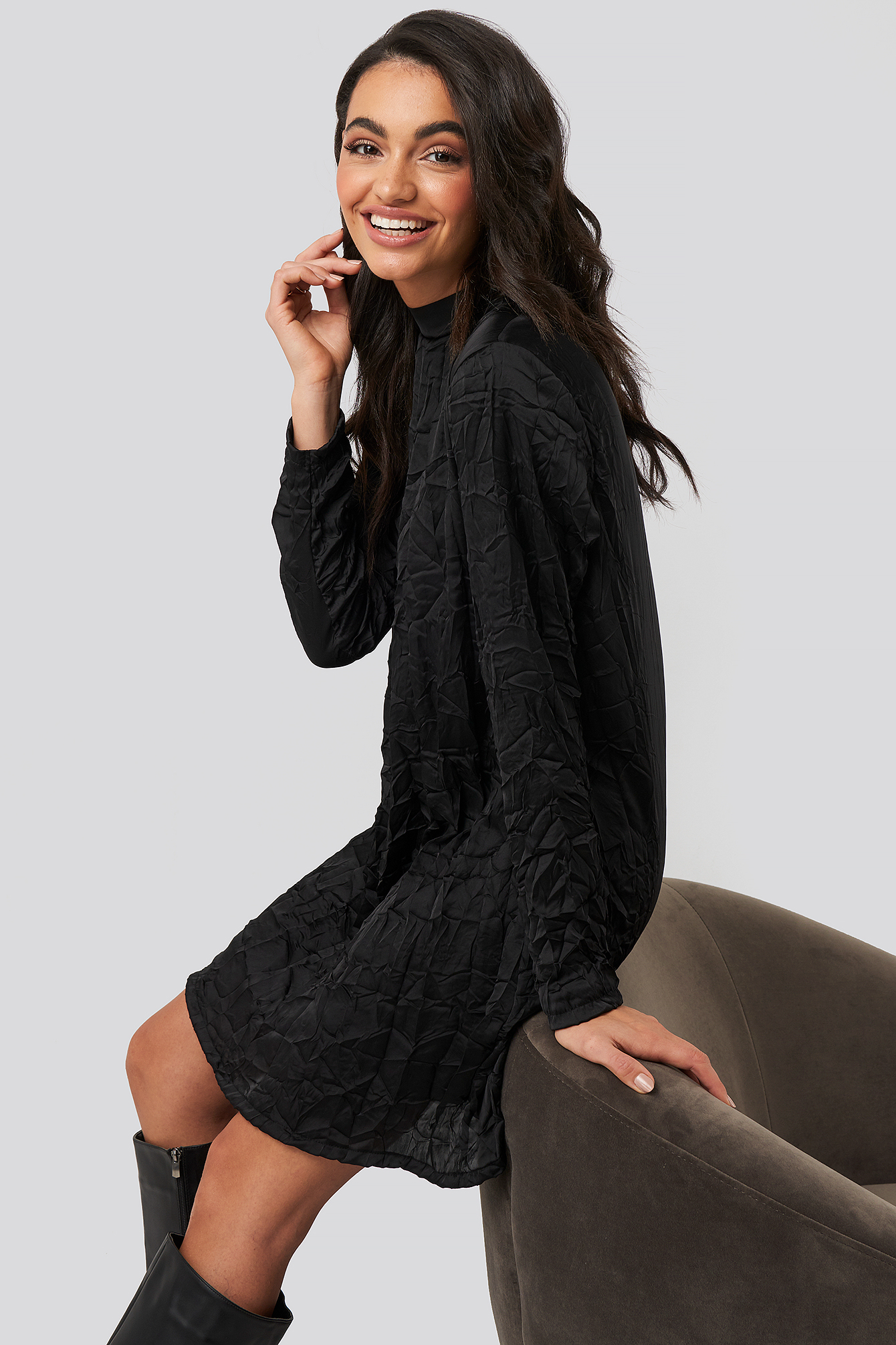 Creased Effect Long Sleeve Mini Dress Black