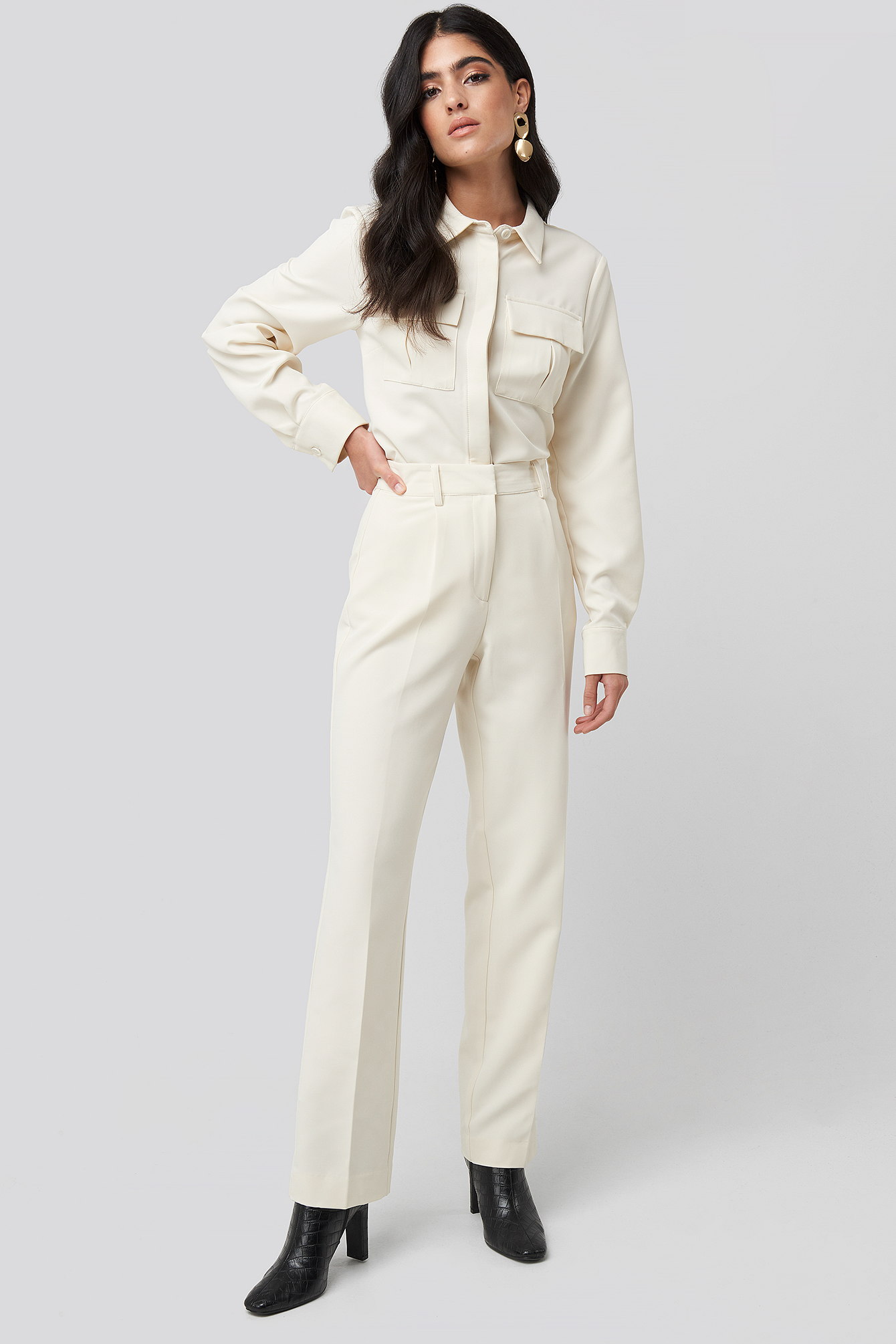 Creased Mid Rise Suit Pants Cream