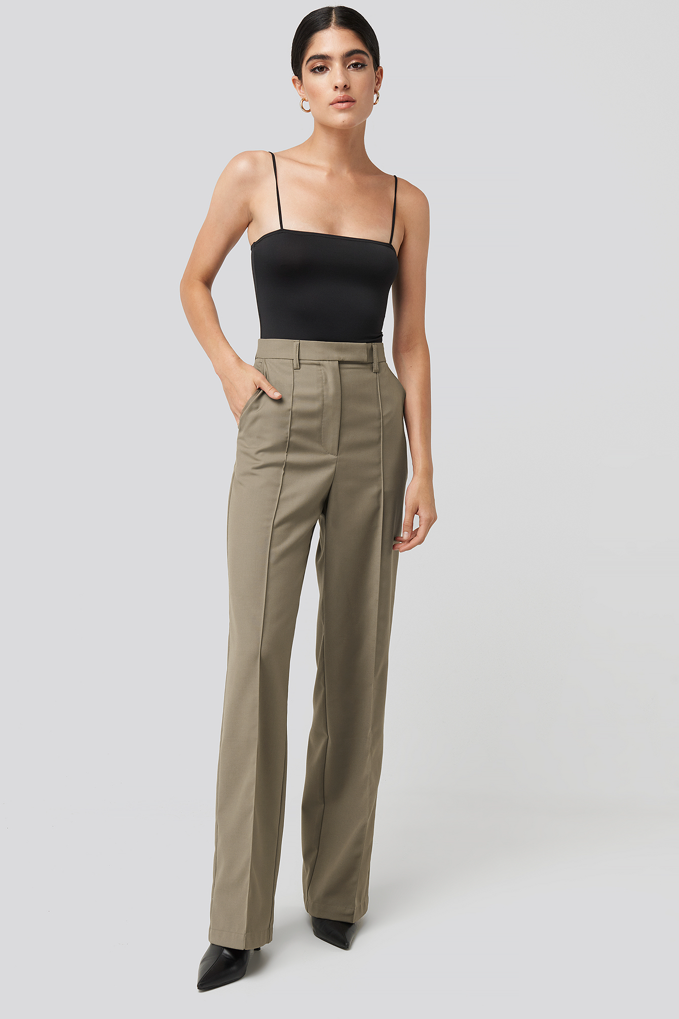 Creased Wide Leg Suit Pants Dark Sand
