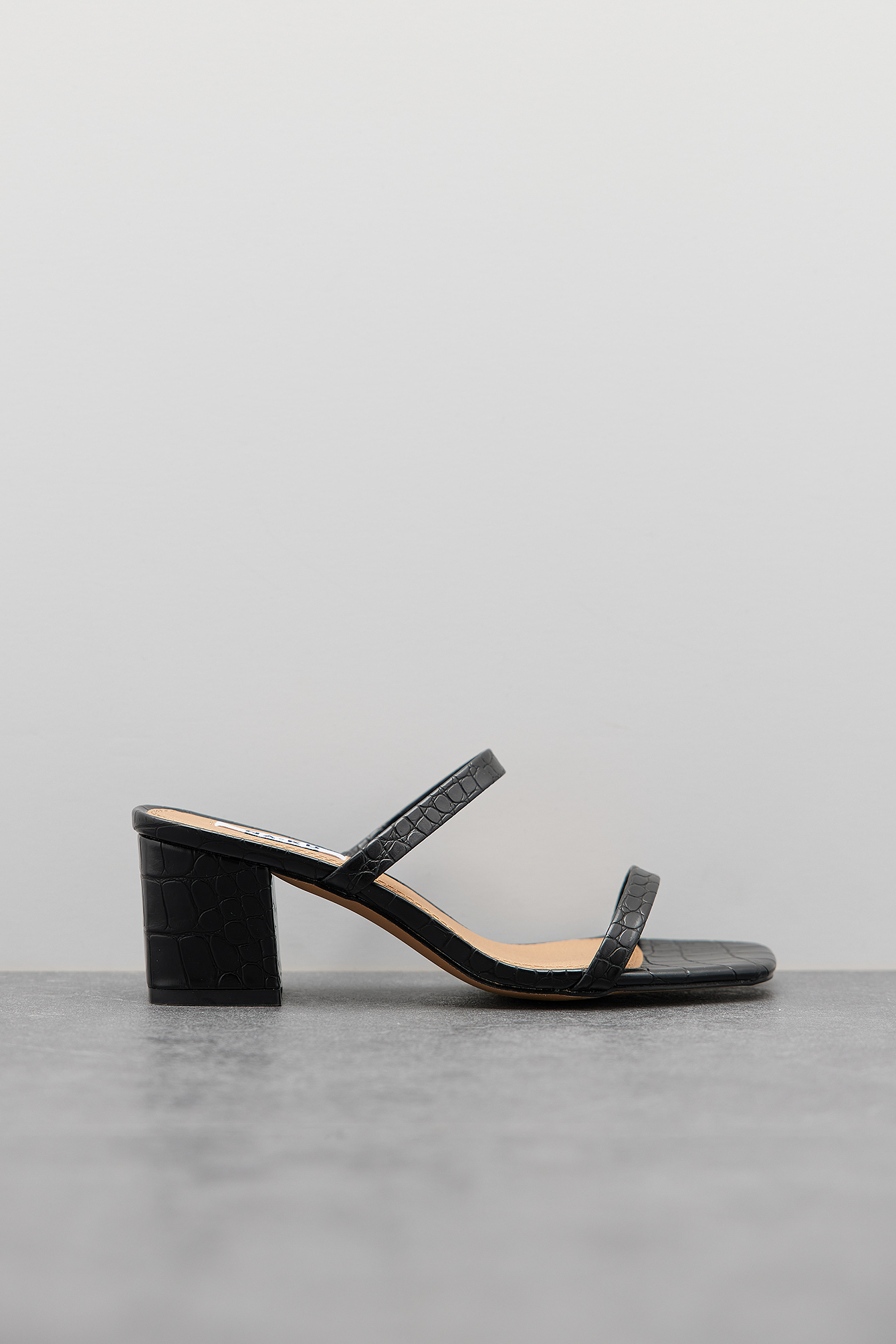 Black Croc Squared Strap Sandals