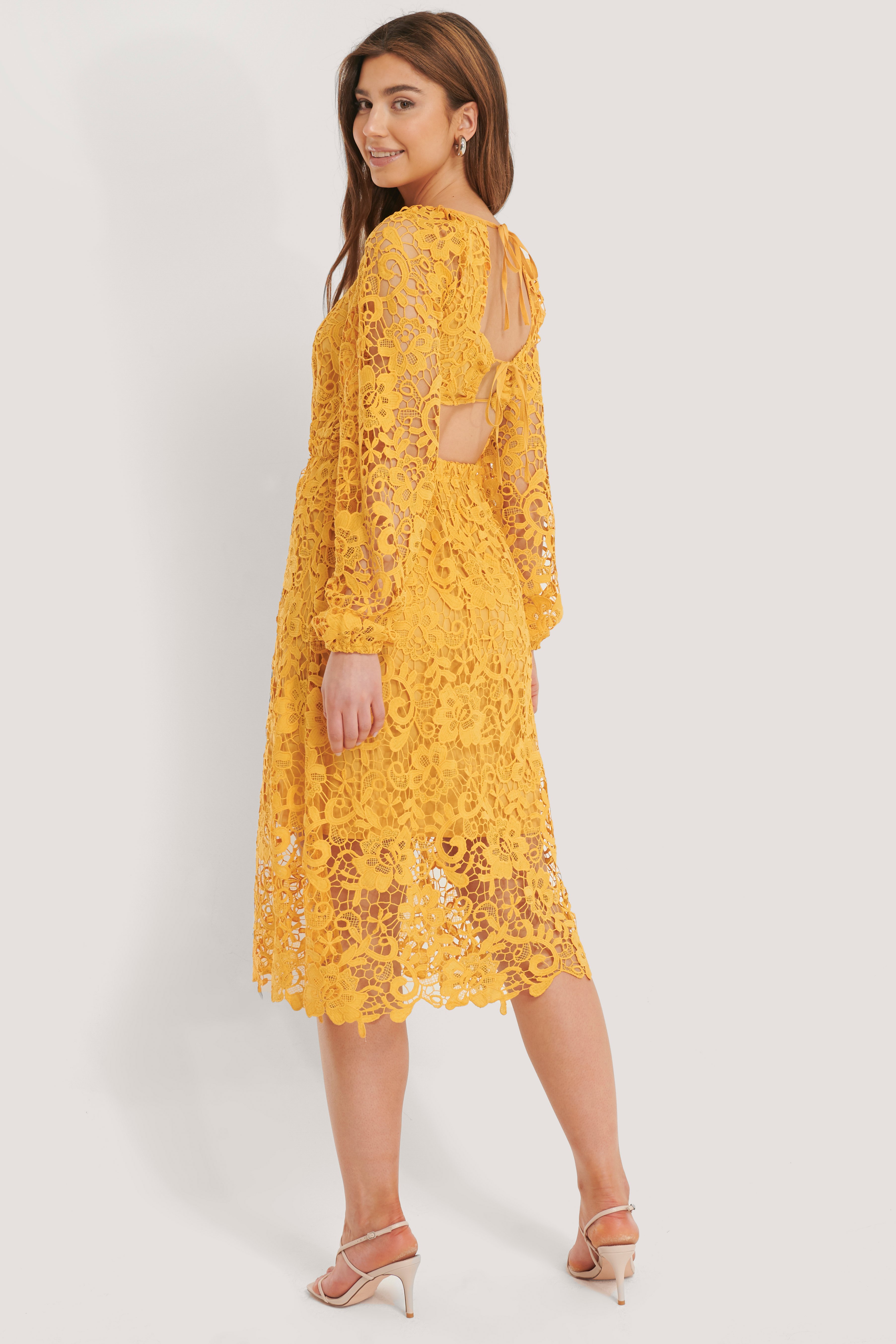 Na-kd Crochet Open Back Ls Dress - Yellow In Citrus