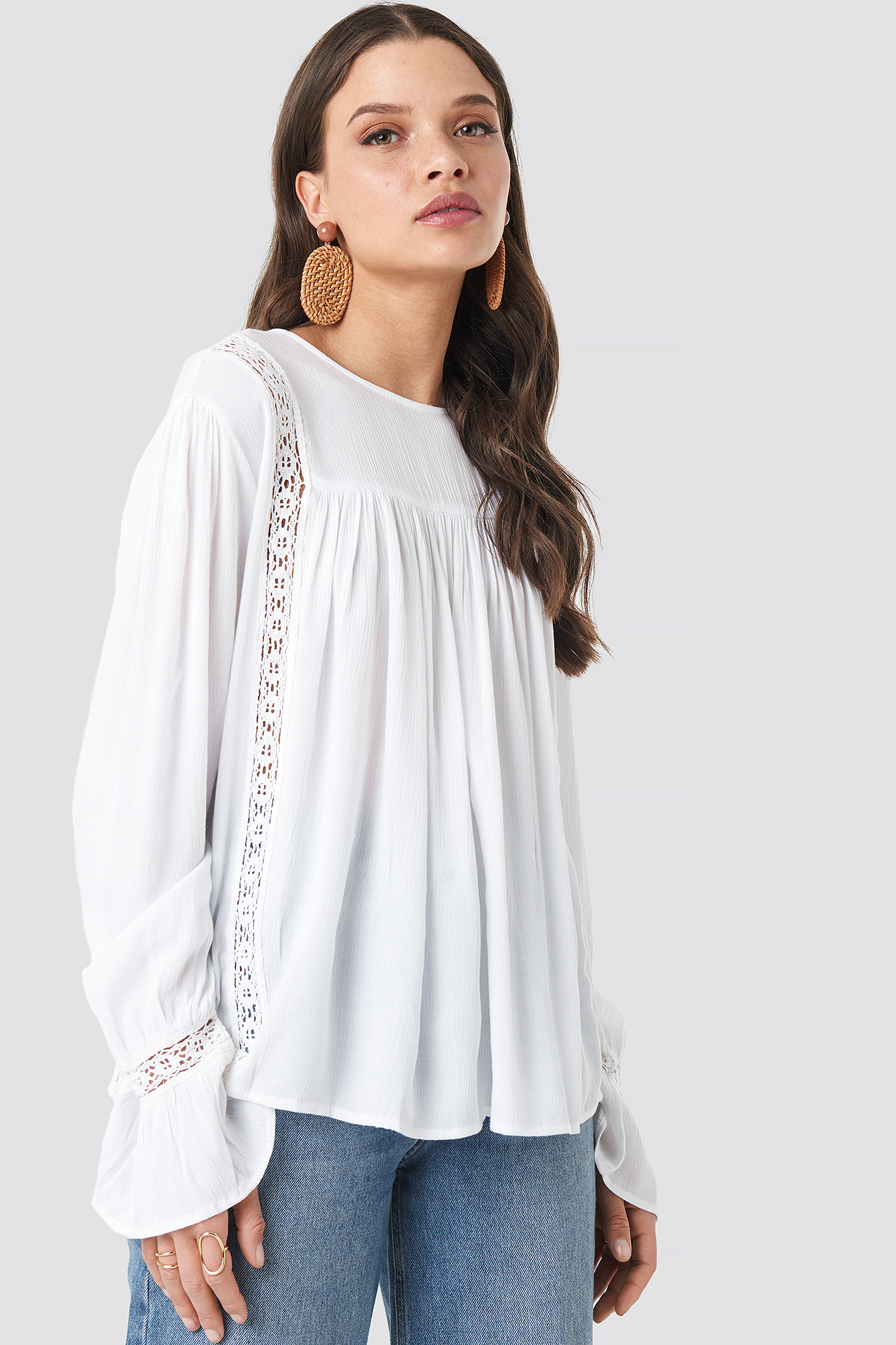 Crochet Detail Flowy Cotton Top White