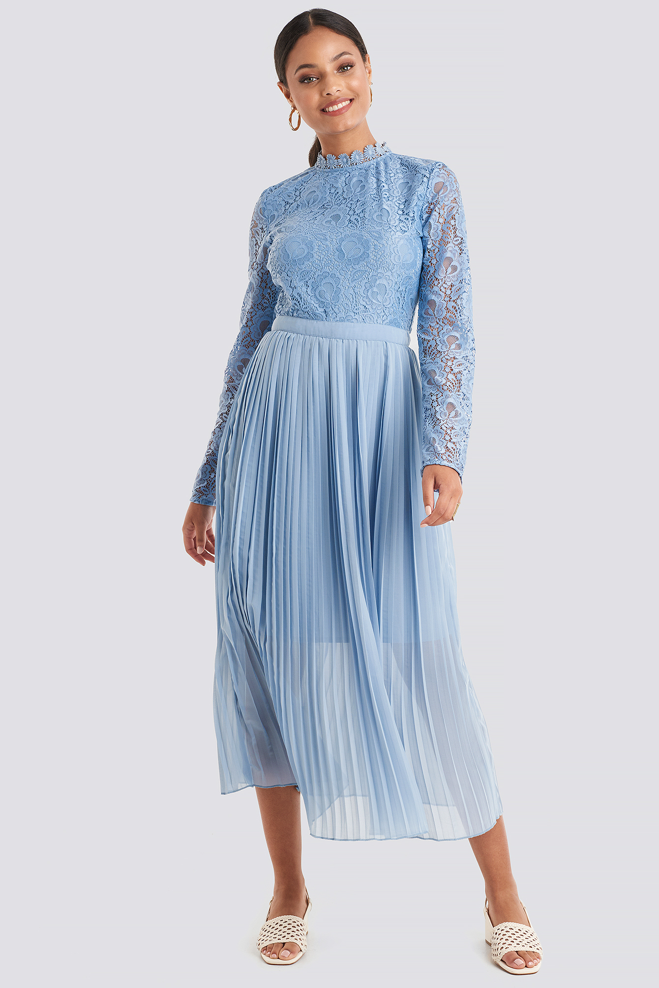 Crochet Detail Pleated Dress Dusty Blue