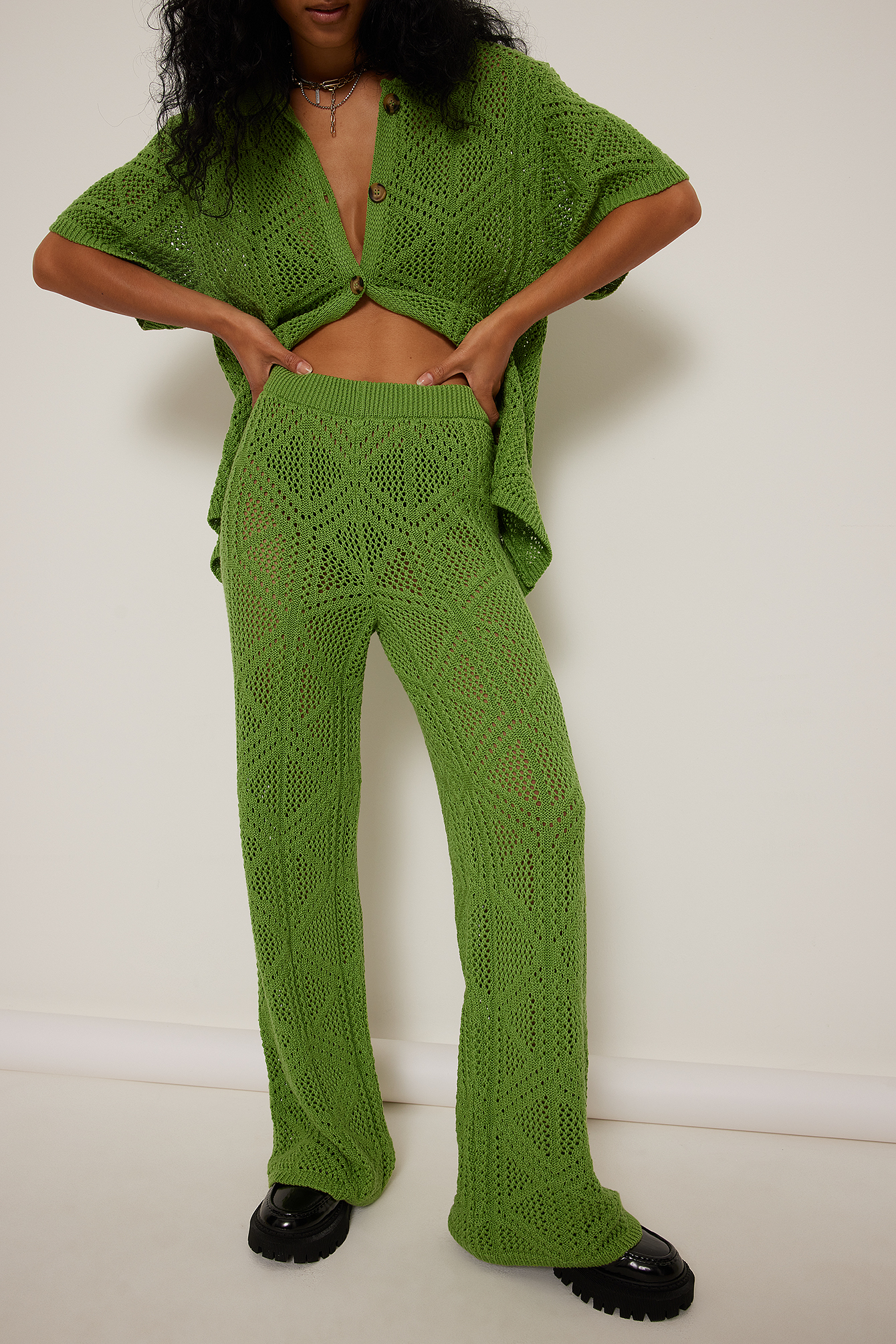 Crochet Knit Trousers Green | NA-KD