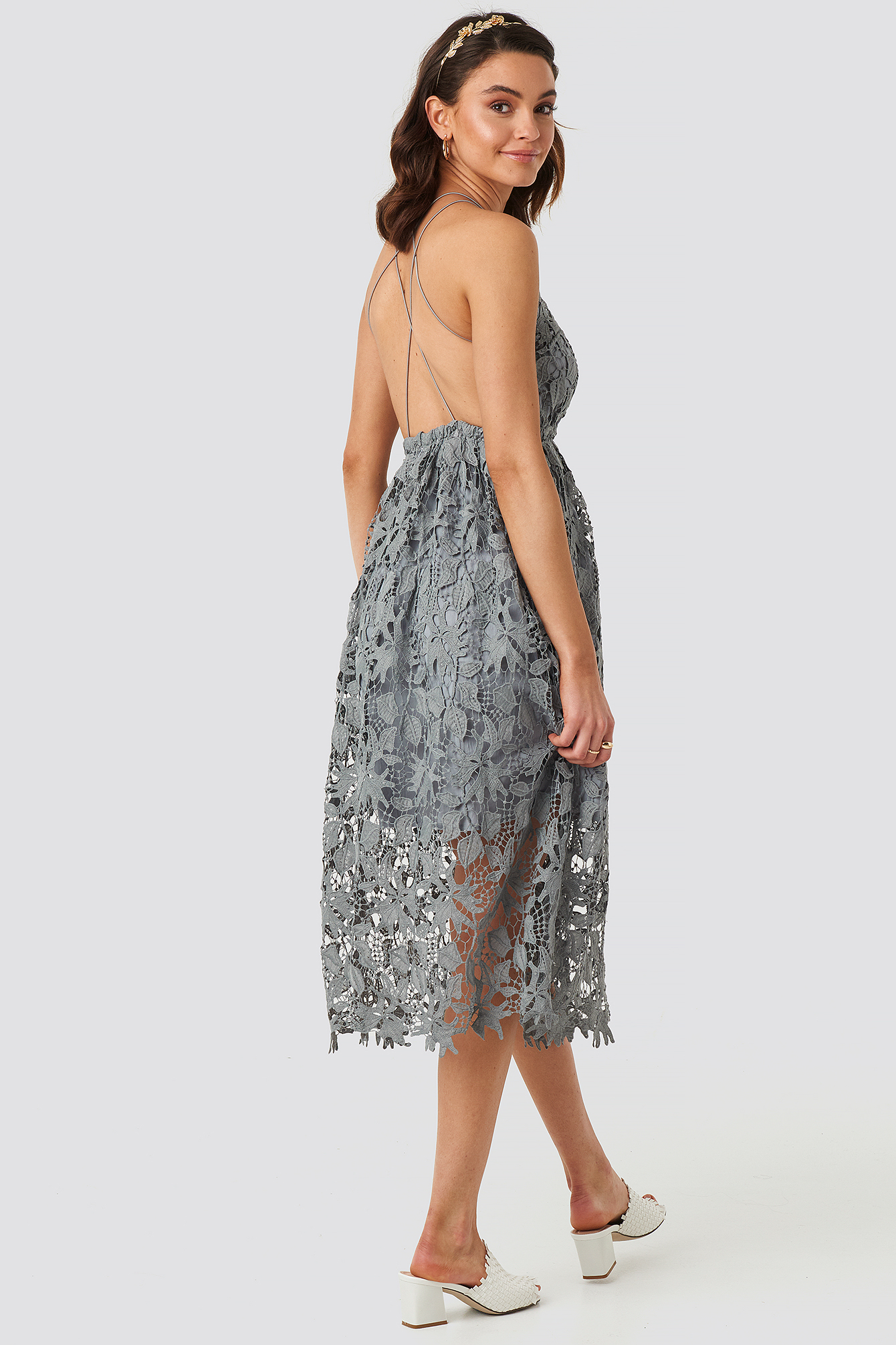 Crochet Strap Back Dress Dusty Blue Grey