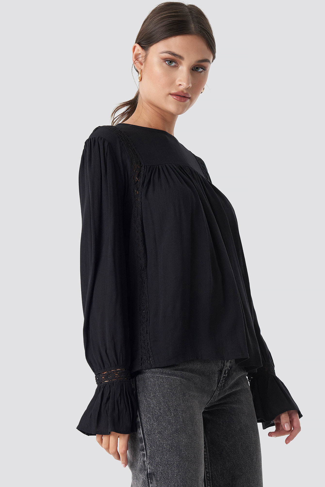 Crochet Detail Flowy Cotton Top Black