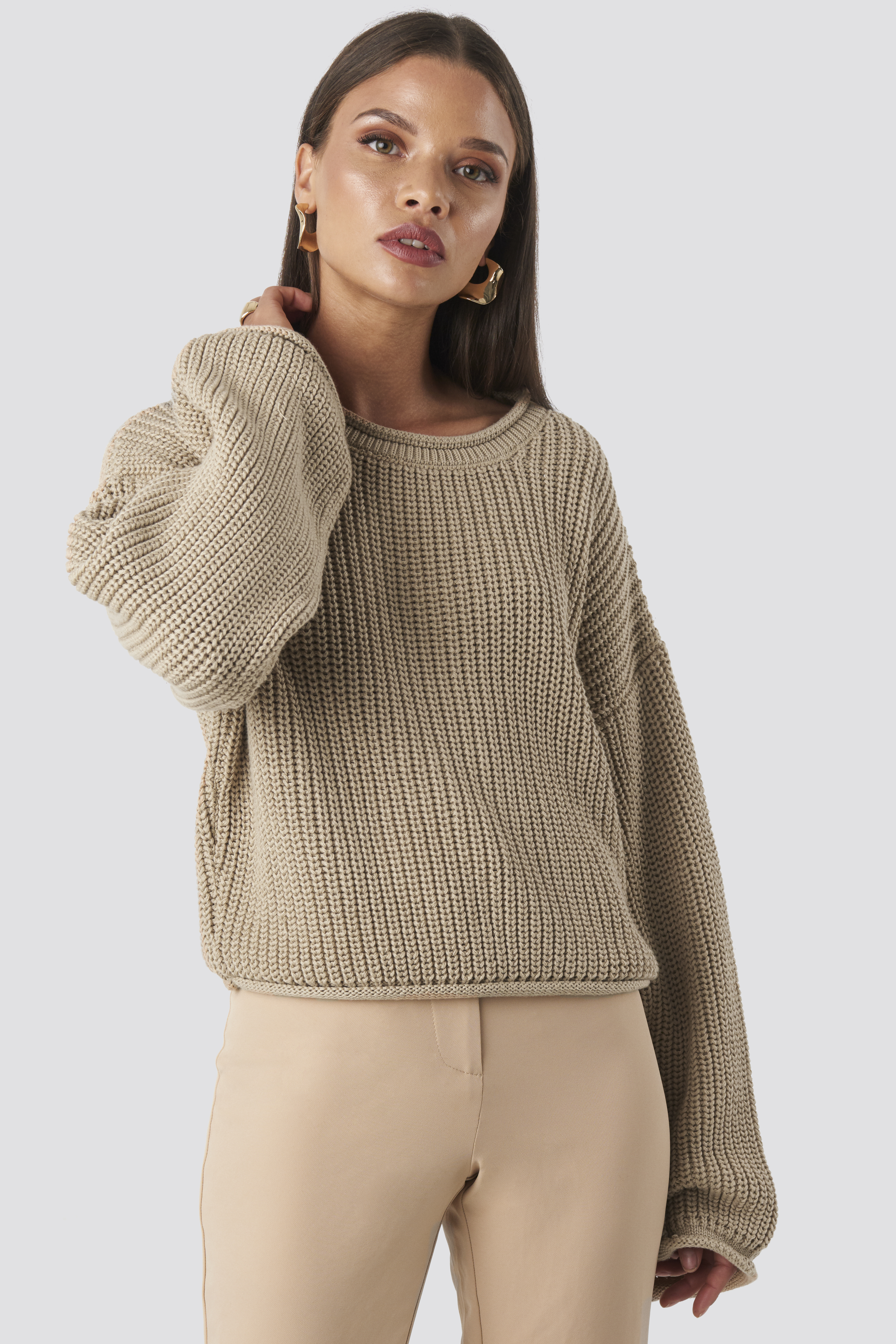 Cropped Boat Neck Knitted Sweater Beige