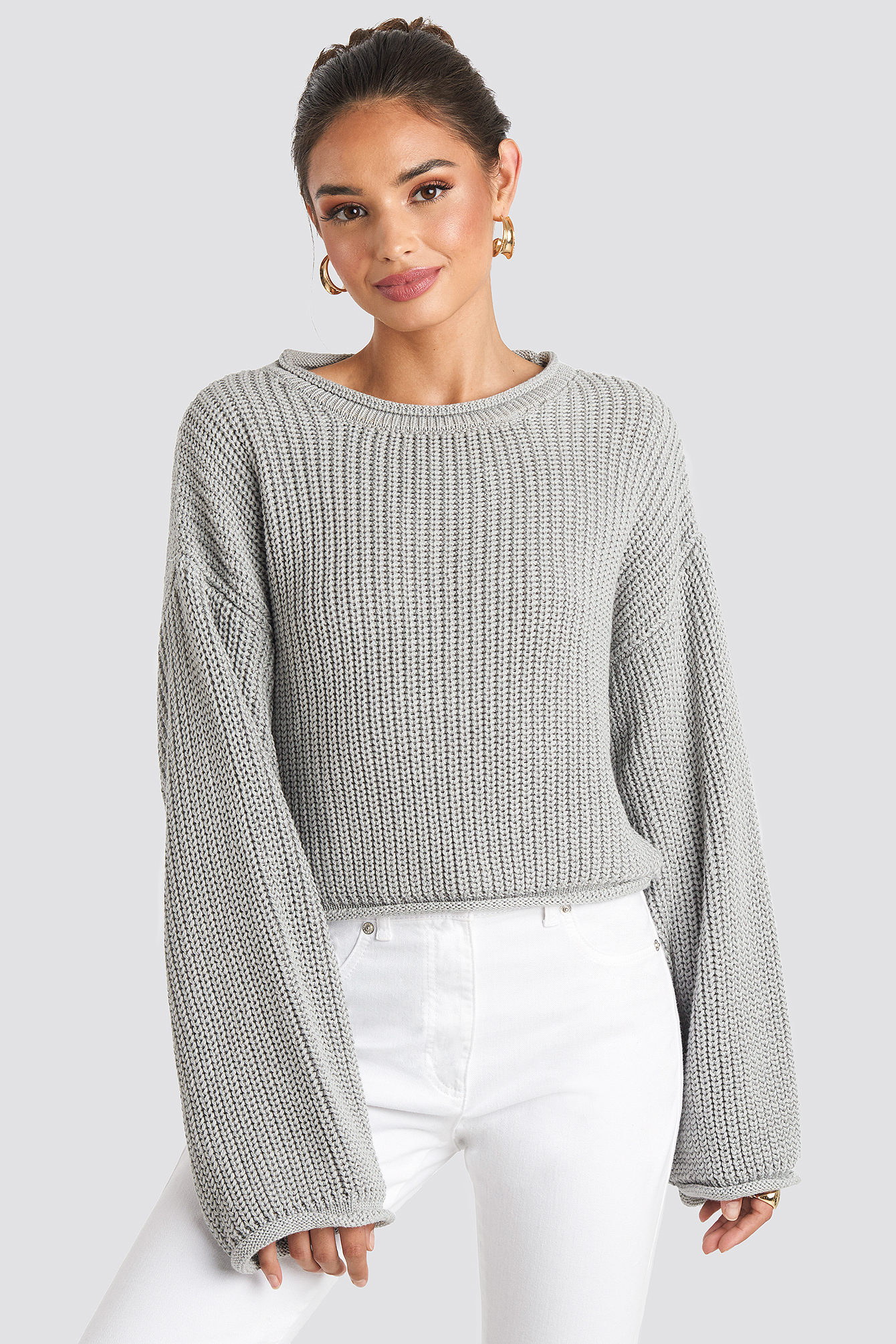 Cropped Boat Neck Knitted Sweater Grå