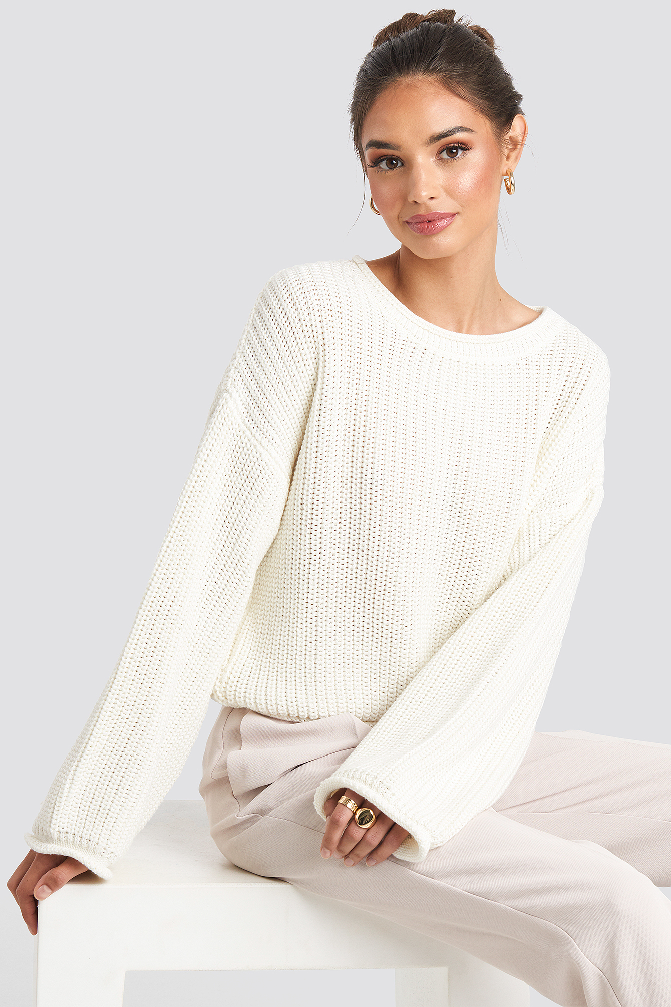 Cropped Boat Neck Knitted Sweater Offwhite