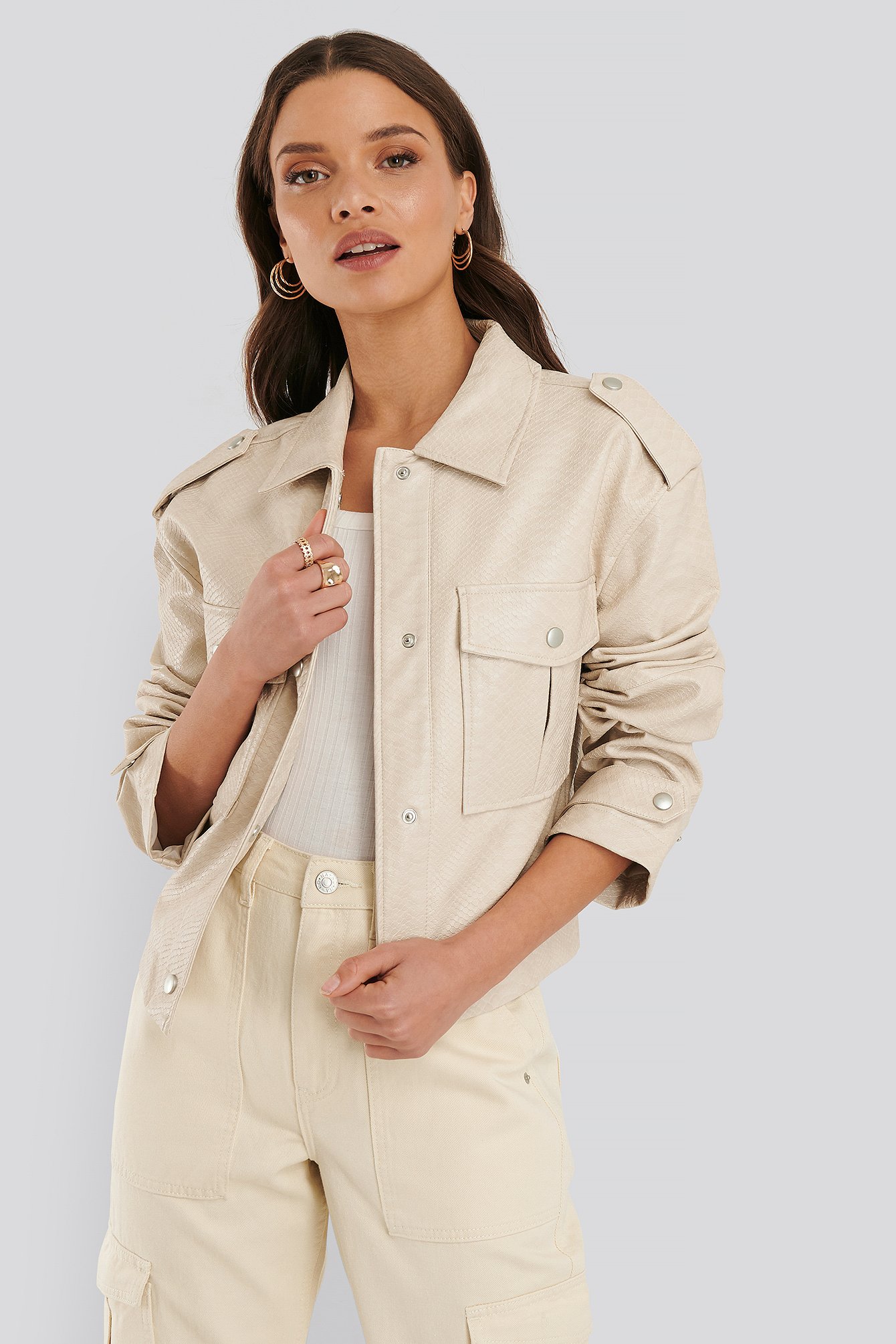 Beige NA-KD Trend Cropped Buttoned PU Reptile Jacket