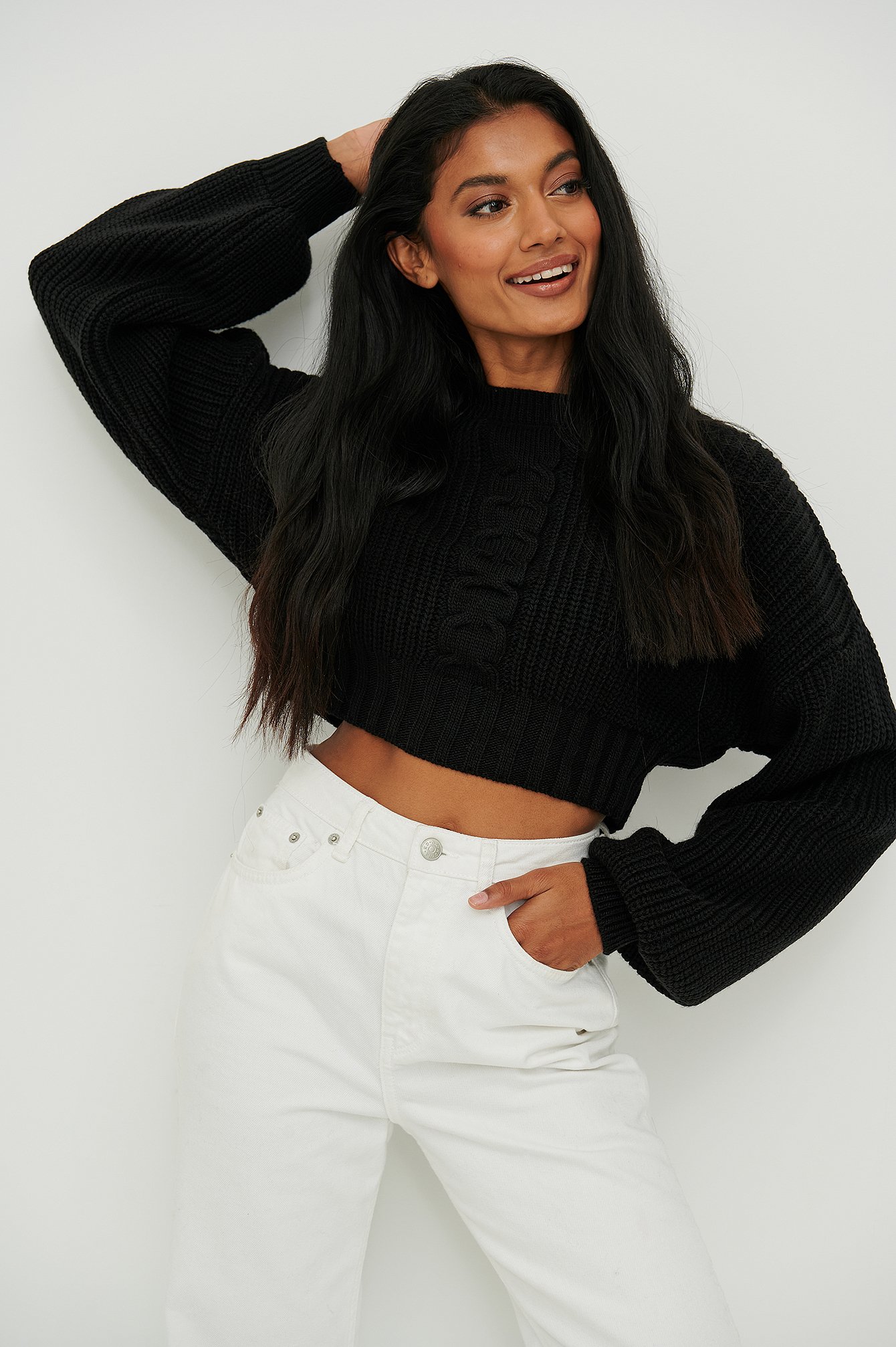 Black Cropped Cable Knit Sweater